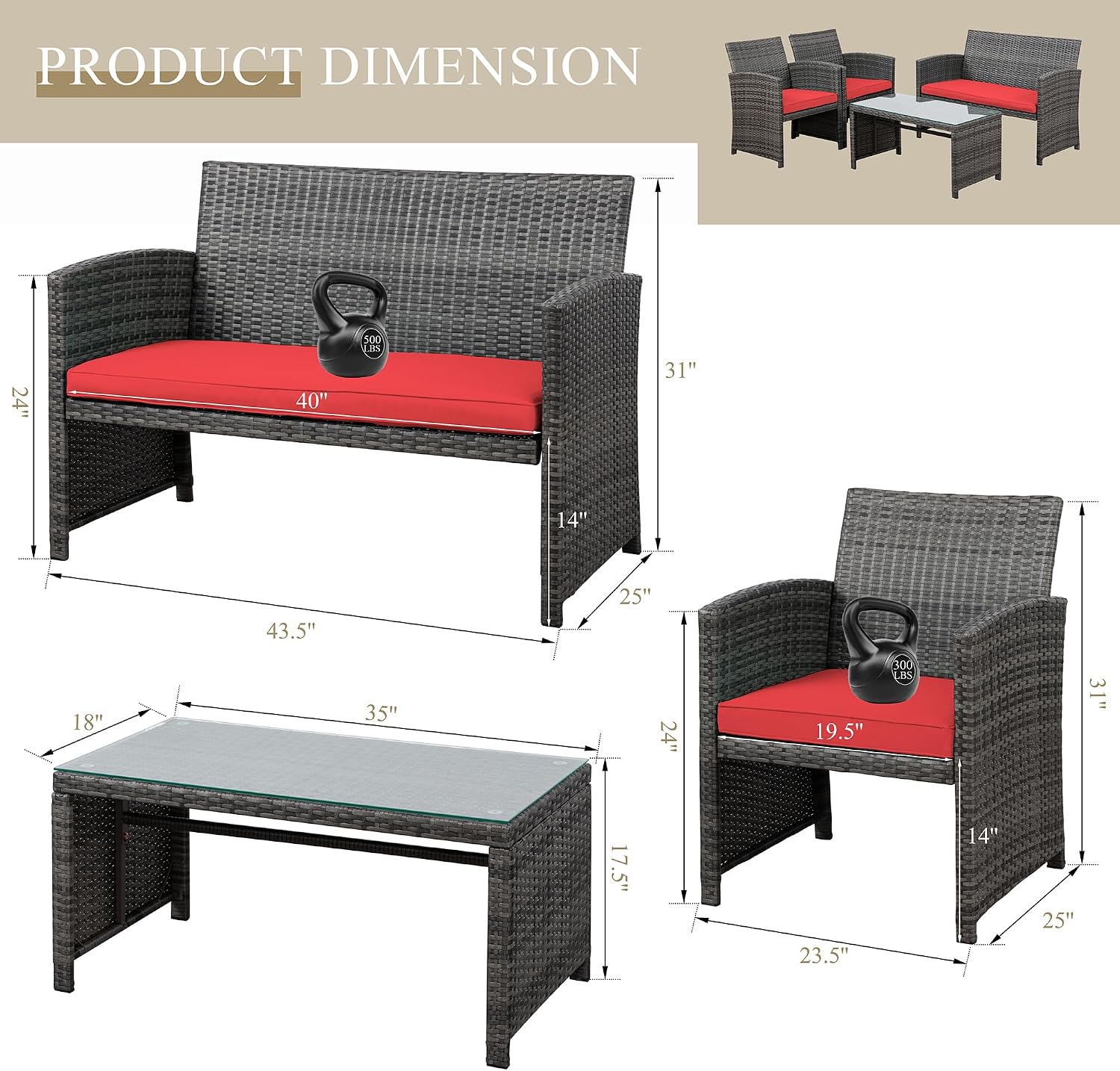 JAMFLY 4 Piece Outdoor Patio Furniture Set, Outdoor Wicker Rattan Chairs Conversation Sets with Cushions & Coffee Table for Outside, Garden, Balcony, Porch, Red