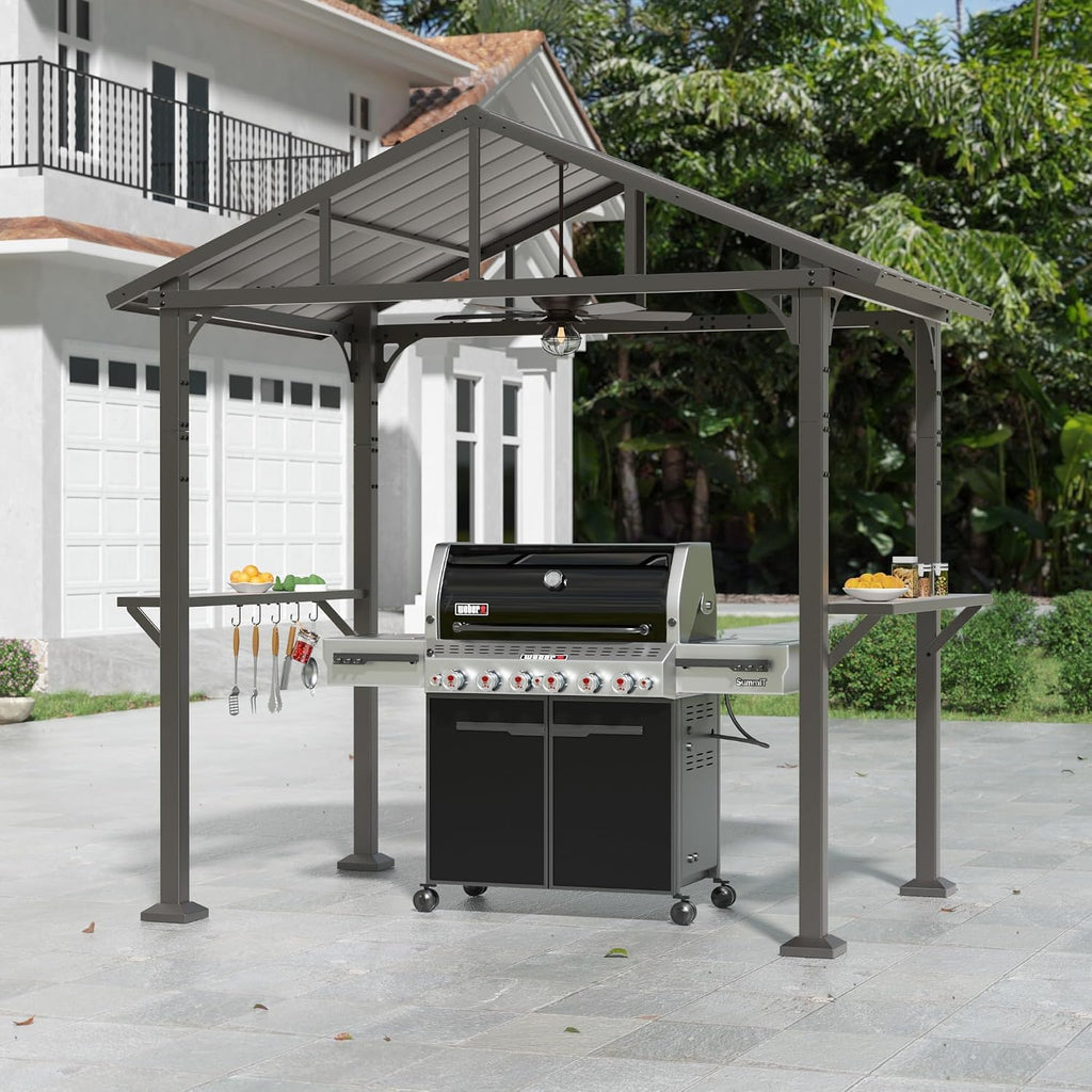 Kullavik 8' x 5' Hardtop Grill Gazebo,Outdoor BBQ Gazebo with Galvanized Steel Roof and Ceiling Hook,BBQ Pavilion with 2 Side Shelves and 5 Side Hooks for Patio Lawn Backyard Garden