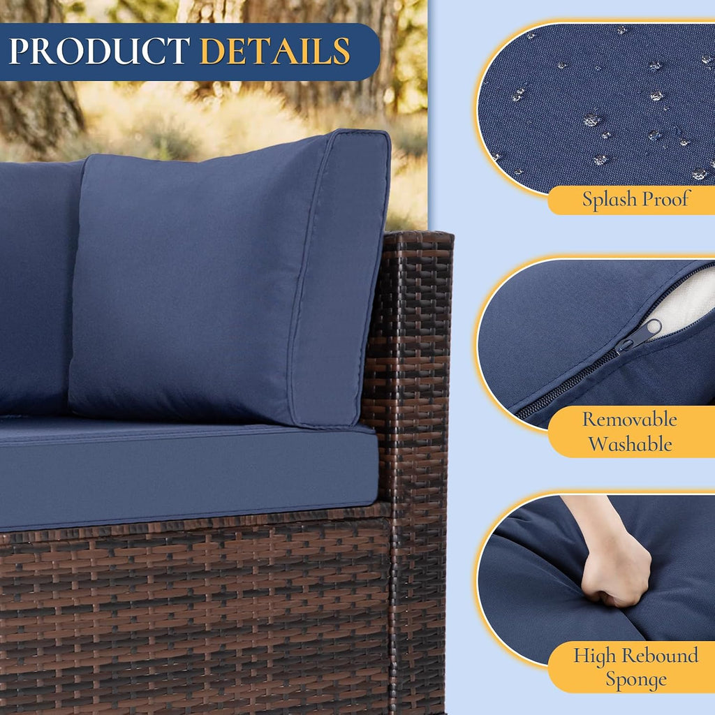 FHFO 7 Piece Outdoor Wicker Patio Furniture Set, Rattan Sectional Sofa Couch, Patio Conversation Set with Cushion & Coffee Table, for Backyard Poolside Porch Garden, Brown-Blue