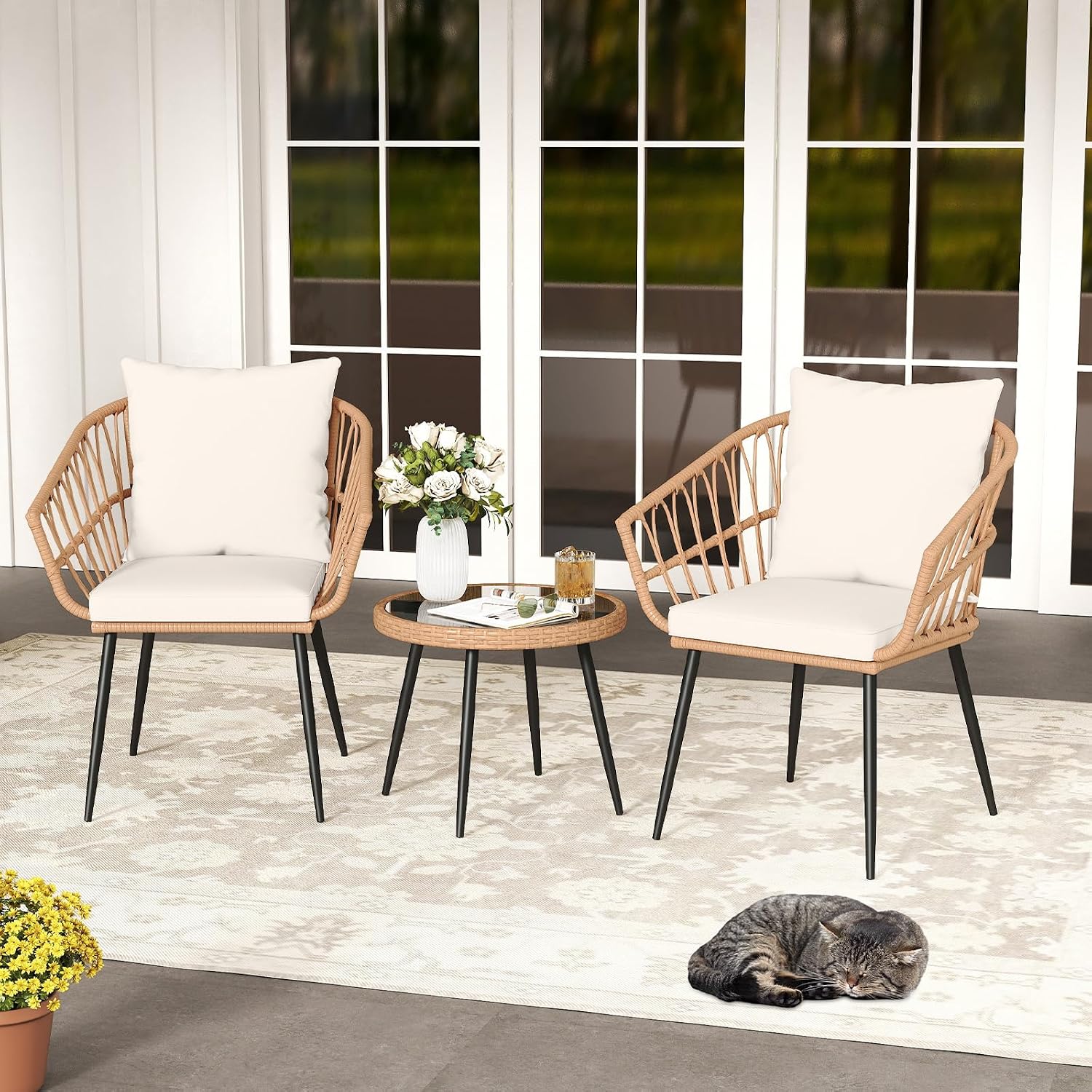 Tangkula 3 Piece Patio Bistro Set, PE Rattan Conversation Chairs with Round Glass Table & Soft Cushions, Outdoor Patio Furniture Set with Metal Frame for Balcony, Garden (Off White, 16.5 × 15.5 Inch)