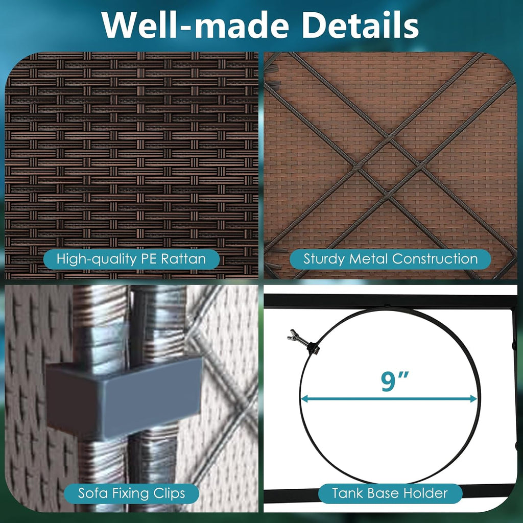 Tangkula 7 Pieces Wicker Patio Furniture Set with 40,000 BTU Gas Fire Pit Table & Propane Tank Cover Table & Glass Top Coffee Table, for Garden, Backyard and Poolside (Turquoise)