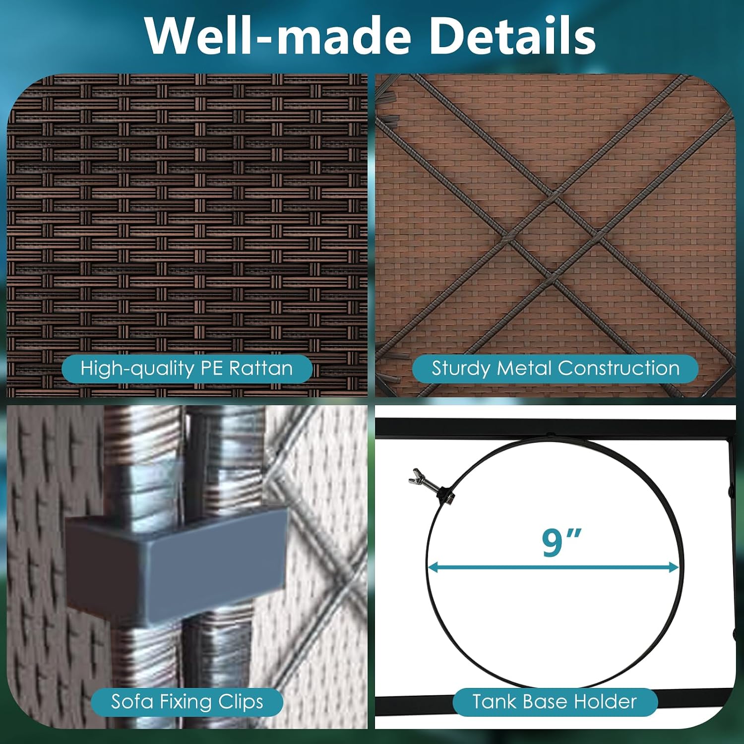 Tangkula 7 Pieces Wicker Patio Furniture Set with 40,000 BTU Gas Fire Pit Table & Propane Tank Cover Table & Glass Top Coffee Table, for Garden, Backyard and Poolside (Turquoise)
