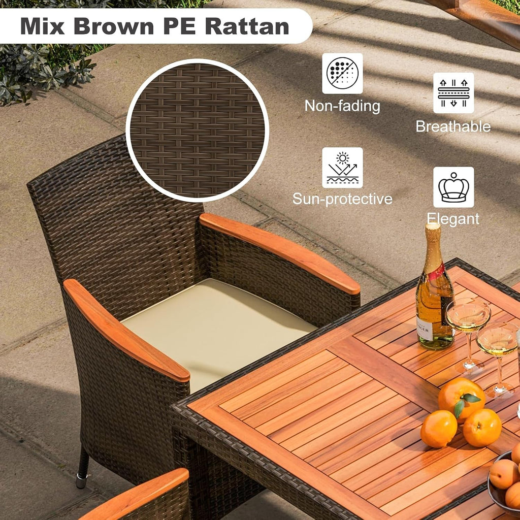 COSTWAY 7-Piece Patio Dining Set for 6, Outdoor Rattan Wicker Table and Chairs Furniture Set with Umbrella Hole, Acacia Wood Tabletop for Backyard, Balcony, Poolside, Brown & Beige