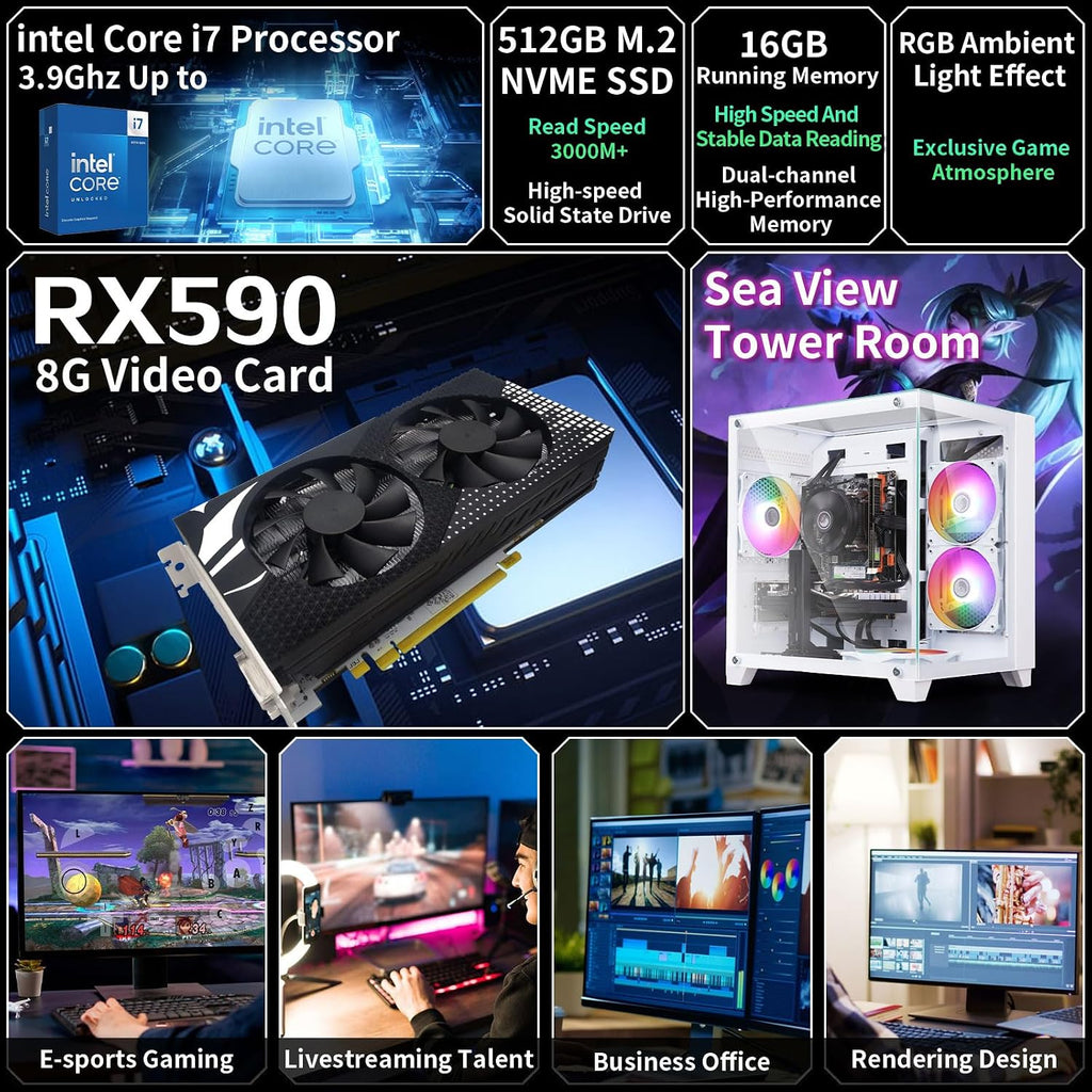 Prebuilt Gaming PC Desktop Computer,Intel Core i7 Desktop,Operating at A Frequency of 3.4-3.9 GHz,RX590 Graphics Card with 8GB GDDR5 Video Memory,16GB RAM, 512GB SSD,WiFi 5.0,RGB Fan x4