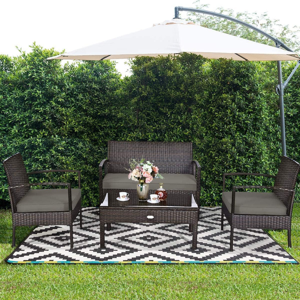 HAPPYGRILL 8-Piece Patio Furniture Set, Garden Pool Lawn Rattan Wicker Conversation Set, Loveseat Sofa Cushioned Seat & Glass Top Coffee Table