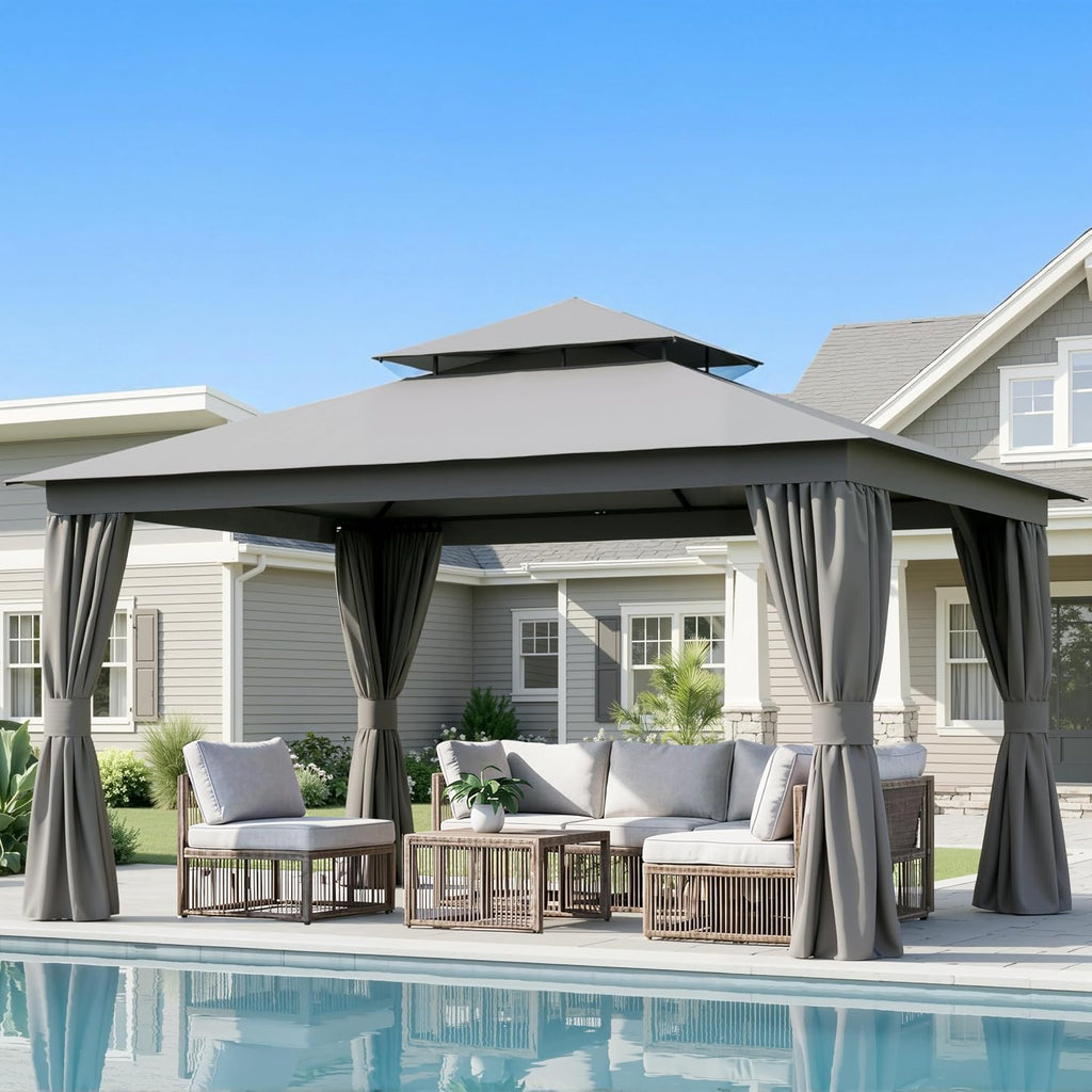 10'x12' Outdoor Gazebo, Heavy Duty Metal Frame Patio Gazebo Canopy with Waterproof Double Roofs, Tent Shelter with UPF50+ Protection, Mosquito Netting and Privacy Screens for Backyard, Garden, Lawn