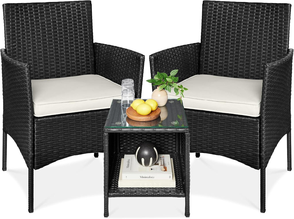 Best Choice Products 3-Piece Outdoor Wicker Conversation Bistro Set, Space Saving Patio Furniture for Garden w/Side Table - Black/White Sand