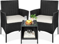 Best Choice Products 3-Piece Outdoor Wicker Conversation Bistro Set, Space Saving Patio Furniture for Garden w/Side Table - Black/White Sand