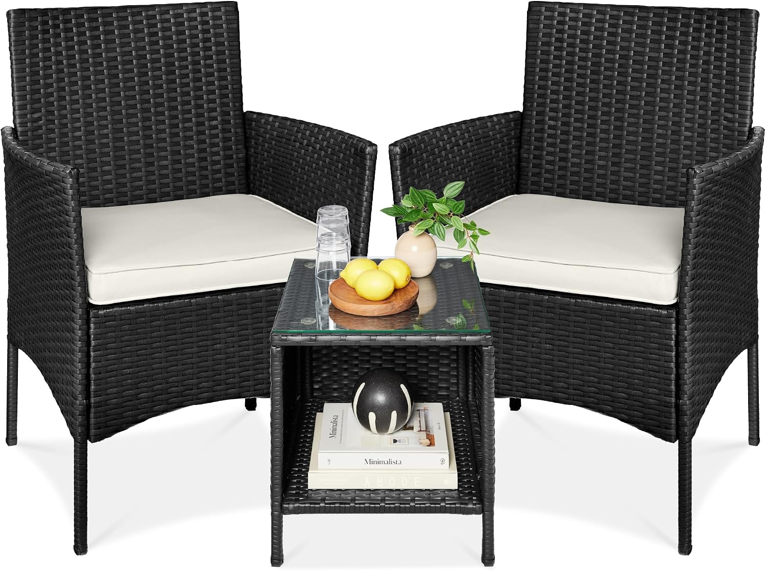 Best Choice Products 3-Piece Outdoor Wicker Conversation Bistro Set, Space Saving Patio Furniture for Garden w/Side Table - Black/White Sand