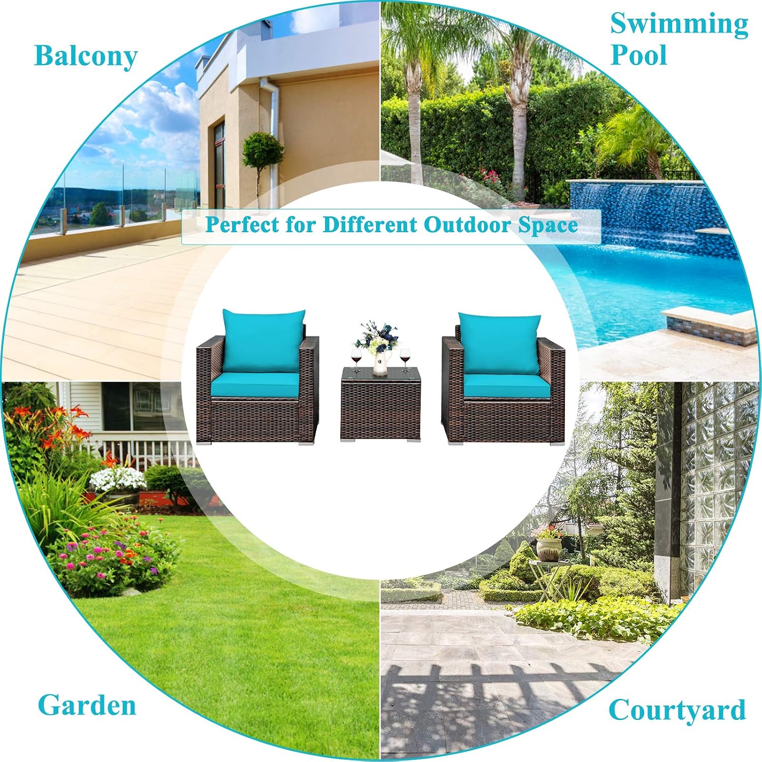Tangkula 3 Pieces Patio Furniture Set, Outdoor Conversation Rattan Furniture Set w/Washable Cushion and Tempered Glass Tabletop, PE Rattan Wicker Sofa Set for Garden Poolside Balcony