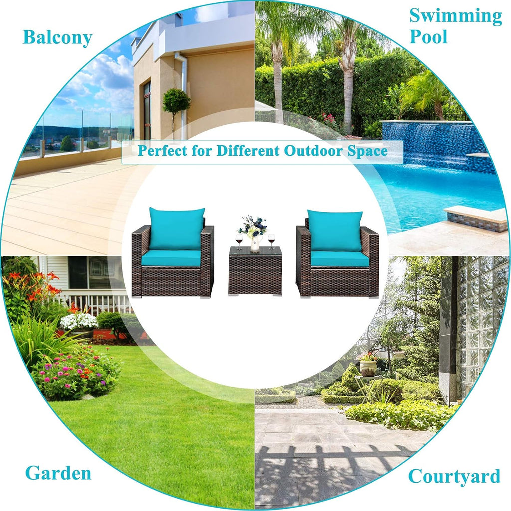 COSTWAY 3-Piece Patio Furniture Set, Outdoor Wicker Rattan Sofa with Cushions and Coffee Table with Tempered Glass, Modern Conversation Chair Set for Poolside Backyard Balcony Lawn (Turquoise)
