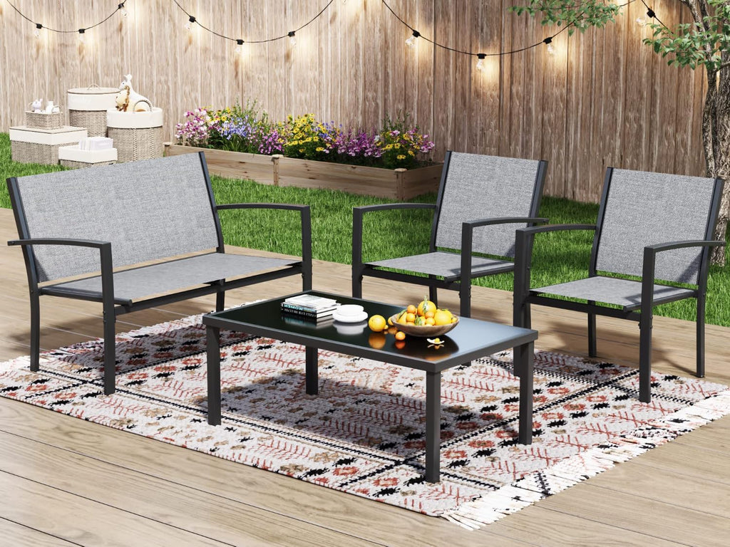 Greesum 4 Pieces Patio Furniture Set, Outdoor Conversation Sets for Patio, Lawn, Garden, Poolside with A Glass Coffee Table, Gray