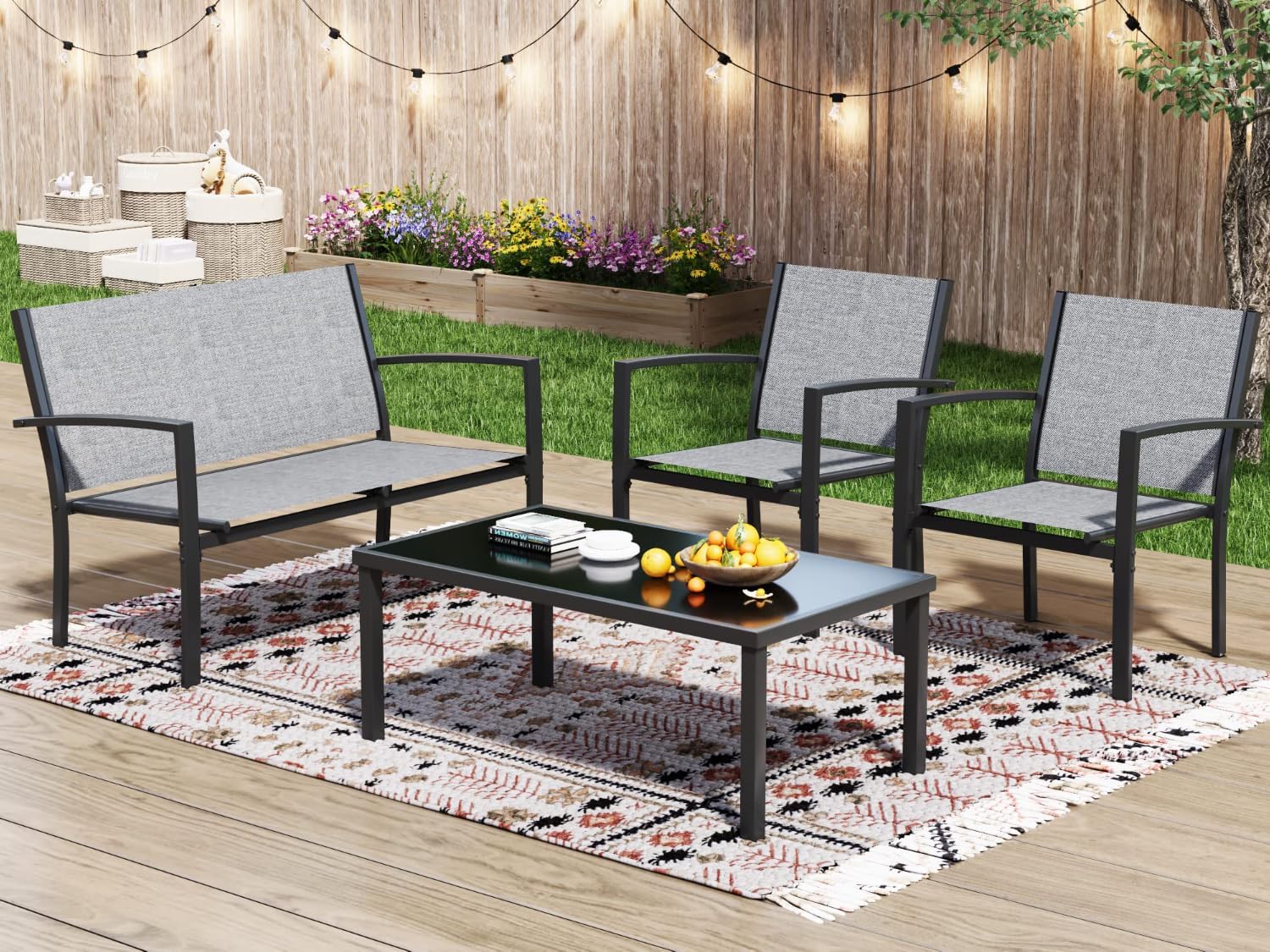 Greesum 4 Pieces Patio Furniture Set, Outdoor Conversation Sets for Patio, Lawn, Garden, Poolside with A Glass Coffee Table, Gray