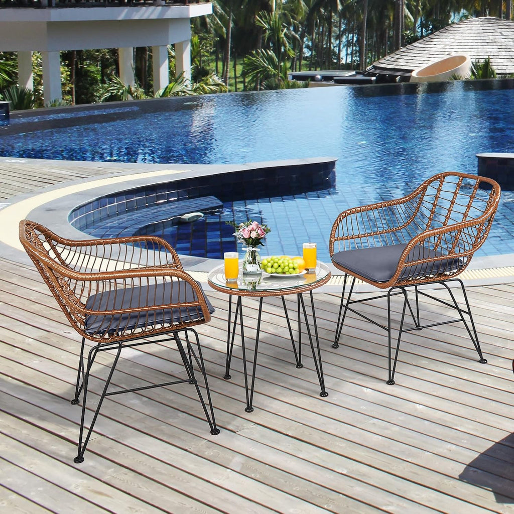 Tangkula 3 Pieces Patio Conversation Bistro Set, Outdoor Wicker Furniture w/Round Tempered Glass Top Table & 2 Rattan Armchairs, Bistro Chat Set w/Seat Cushions for Porch, Backyard, Garden