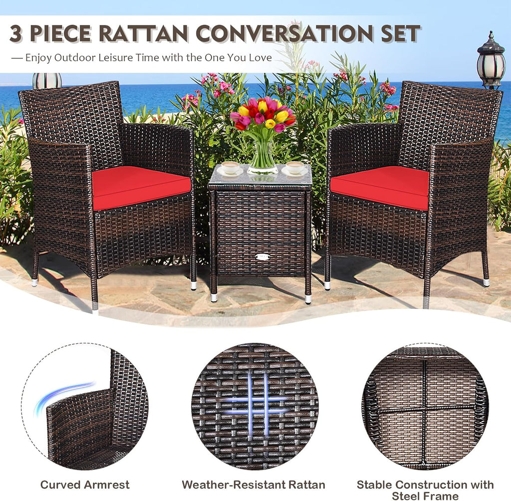 DORTALA Wicker Patio Furniture Set 3 Piece, Small Outdoor Table & Chairs Set with Cushions, All-Weather Rattan Conversation Bistro Set for Balcony, Porch, Backyard, Deck, Red