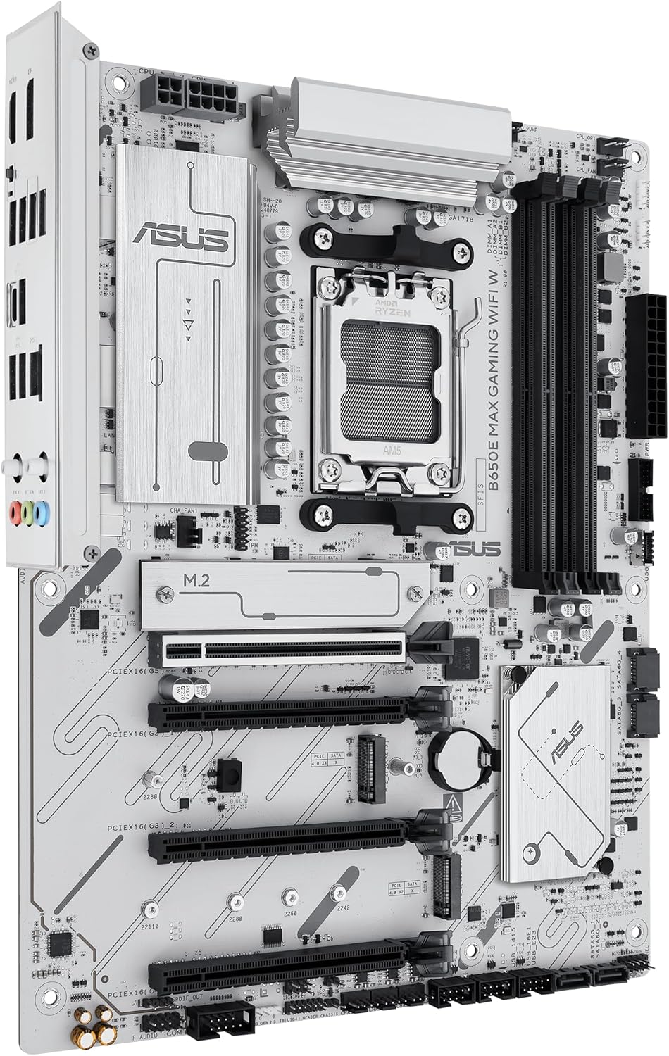 ASUS B650E MAX Gaming WiFi W – AMD B650 AM5 ATX Motherboard, White PCB, DDR5, PCIe 5.0, 3X M.2, Wi-Fi 6E, 2.5Gb LAN, USB 10Gbps Type-C, DisplayPort, HDMI™, BIOS Flashback™, Aura Sync, Advanced AI PC