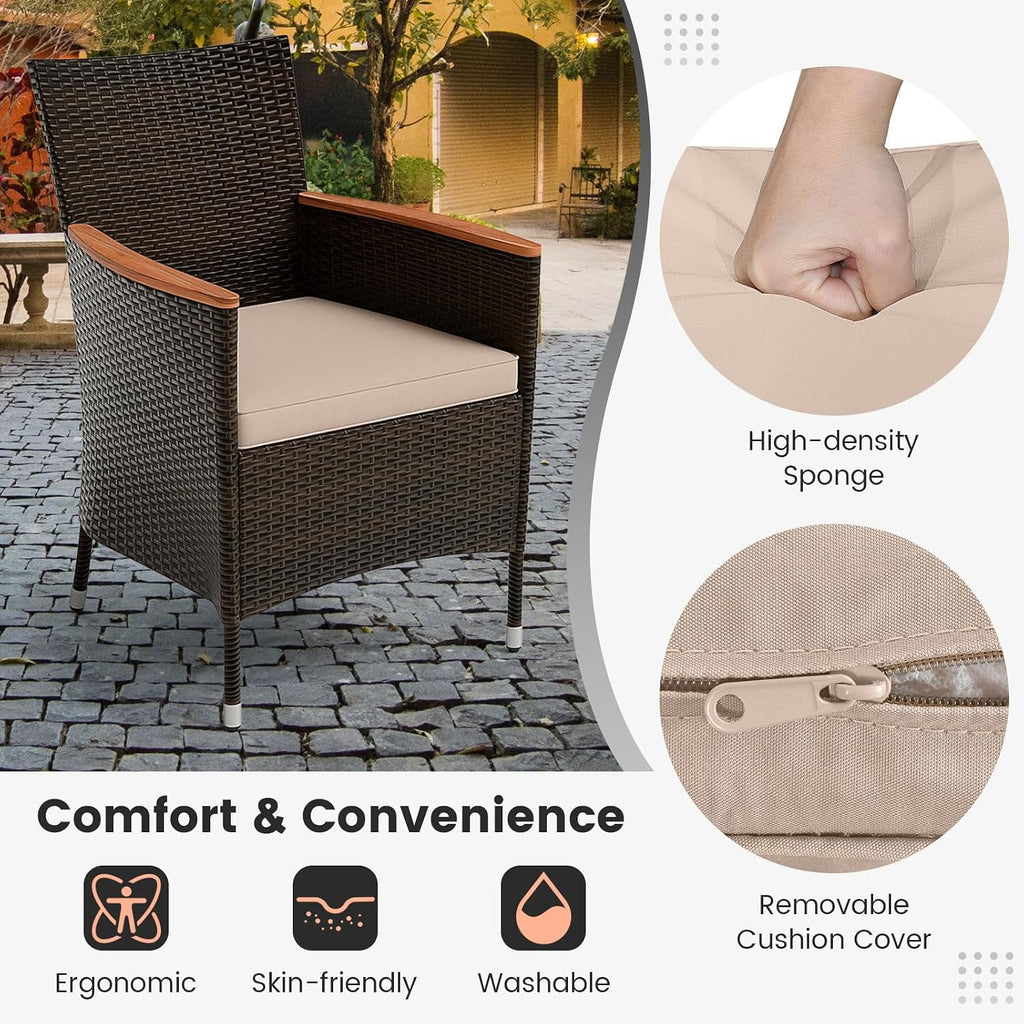 COSTWAY 7-Piece Patio Dining Set for 6, Outdoor Rattan Wicker Table and Chairs Furniture Set with Umbrella Hole, Acacia Wood Tabletop for Backyard, Balcony, Poolside, Brown & Beige