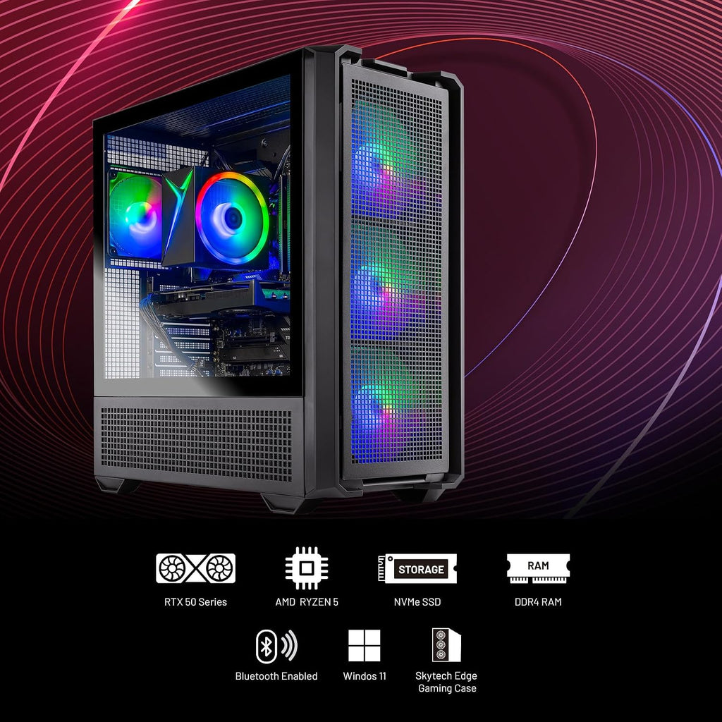 Skytech Gaming Edge Desktop PC, Ryzen 5 5500 3.6 GHz (4.2GHz), NVIDIA RTX 5060, 1TB NVMe SSD, 16GB DDR4 RAM 3200, 650W Gold PSU, Wi-Fi, Win 11