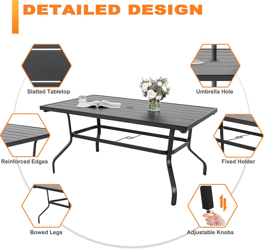 NUU GARDEN 7 Piece Outdoor Dining Set, 6 Swivel Patio Chairs and 1 Dining Table with 1.57 Inch Umbrella Hole, Iron Patio Furniture Set for Lawn Backyard Balcony, Black and Brown