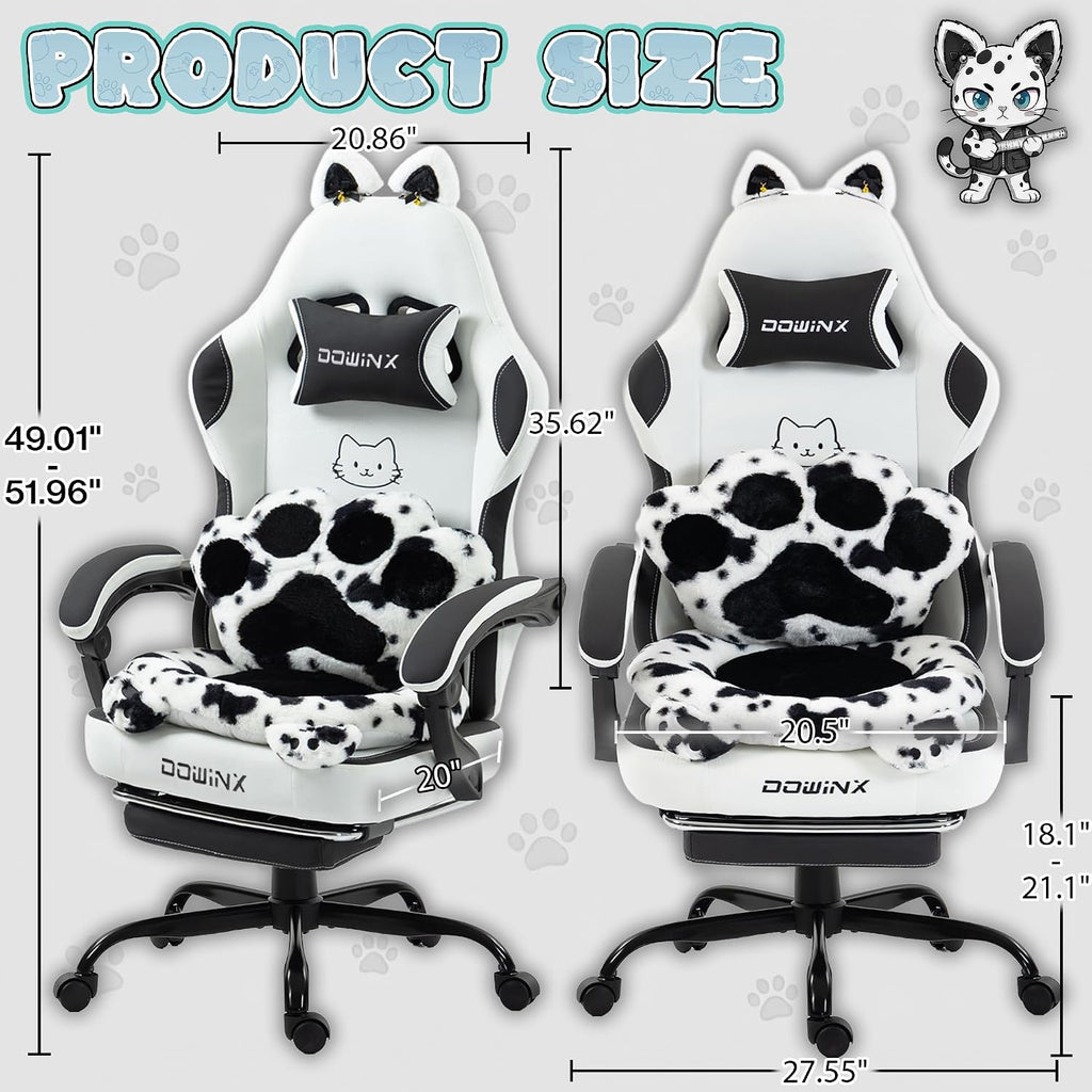 Dowinx Gaming Chair with Cat Ears and Paw Lumbar Pillow, Ergonomic Reclining Chair, Memory Foam and Spring Cushion, Footrest, 300lbs Capacity, Cute and Comfortable Design for Women & Girls