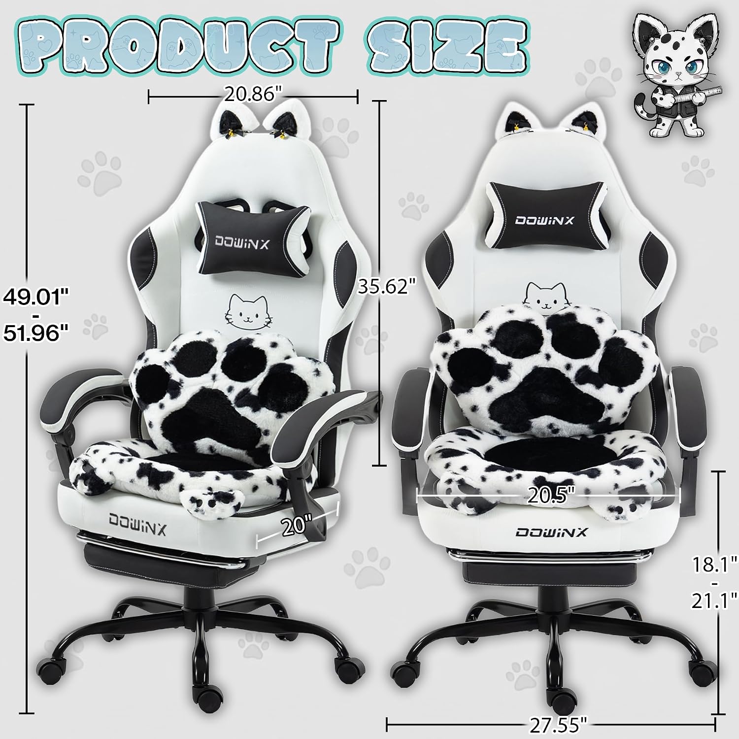 Dowinx Gaming Chair with Cat Ears and Paw Lumbar Pillow, Ergonomic Reclining Chair, Memory Foam and Spring Cushion, Footrest, 300lbs Capacity, Cute and Comfortable Design for Women & Girls