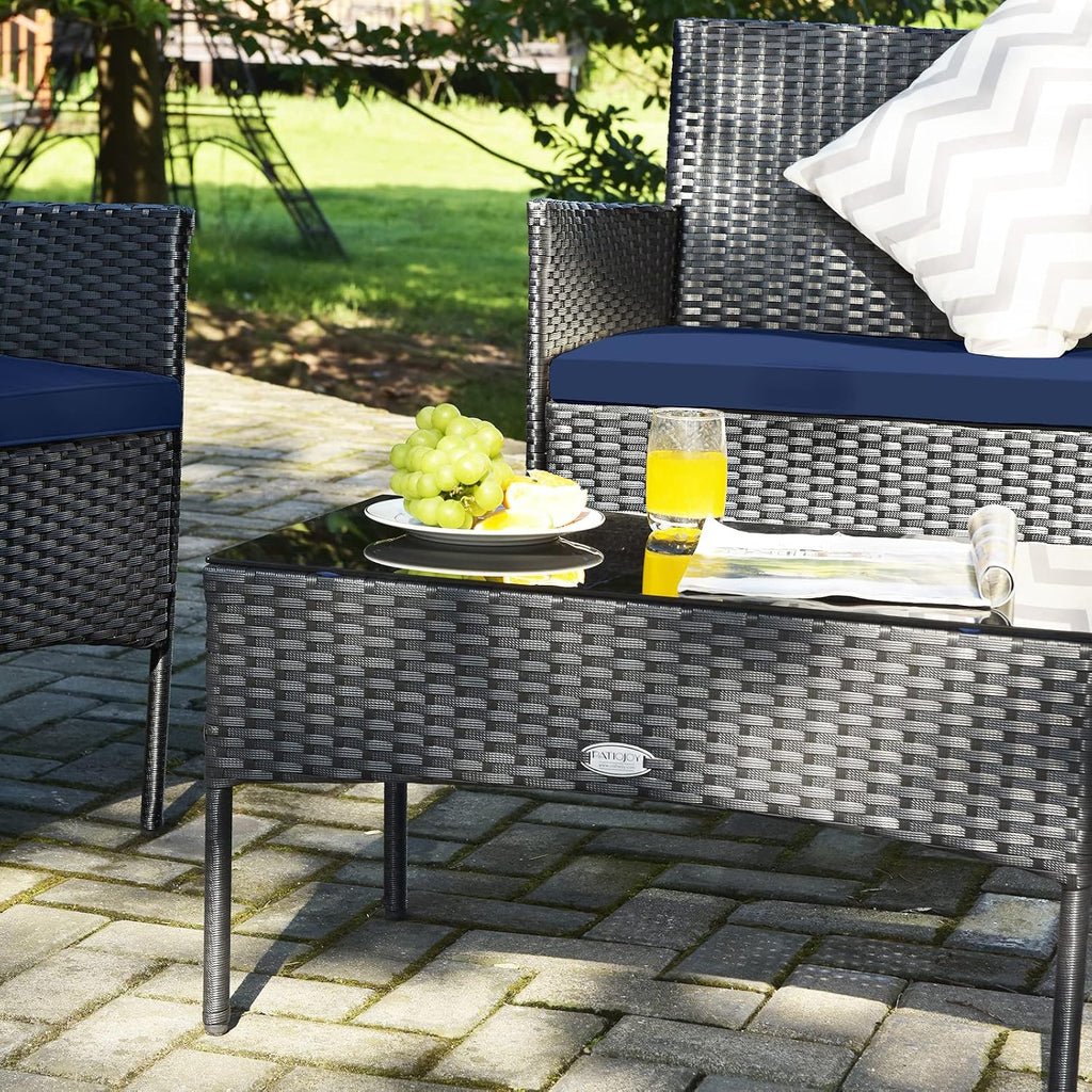 Tangkula 8 Pieces Patio Furniture Set, Outdoor Wicker Conversation Set with Tempered Glass Tabletop, Rattan Sofa and Chairs Set with Off White & Navy Cushion Covers