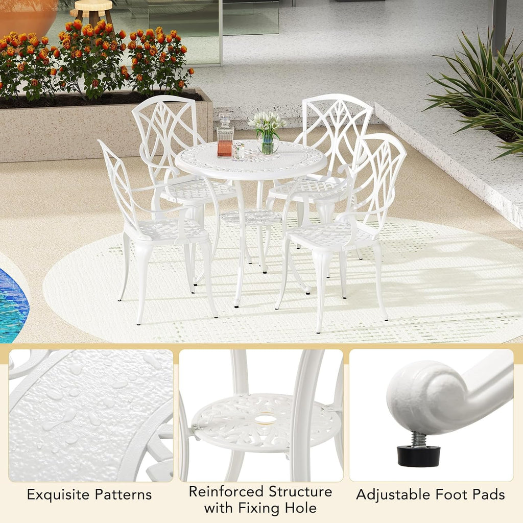 Tangkula 5 Pieces Cast Aluminum Outdoor Dining Set, Round Dining Table with 2' Umbrella Hole & 4 Armchairs, All-Weather Outdoor Furniture Set for Patio, Balcony, Garden & Backyard, White
