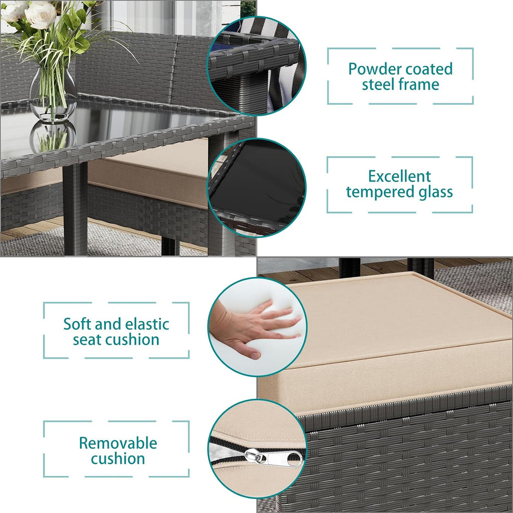 7-Piece Outdoor Patio Furniture Set, All-Weather Wicker Sectional Sofa with Cushions and 3 Pillows, Long Tempered Glass Coffee Table, Rattan Conversation Set for Garden, Porch, Lawn, Khaki