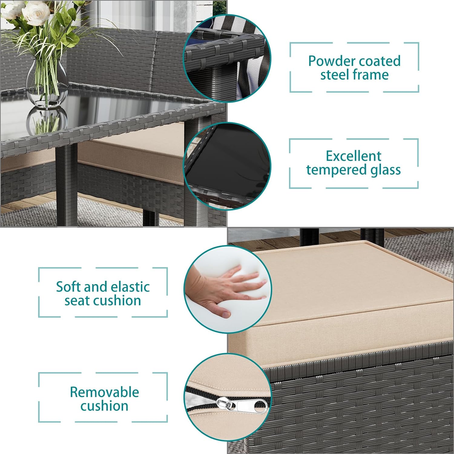 7-Piece Outdoor Patio Furniture Set, All-Weather Wicker Sectional Sofa with Cushions and 3 Pillows, Long Tempered Glass Coffee Table, Rattan Conversation Set for Garden, Porch, Lawn, Khaki