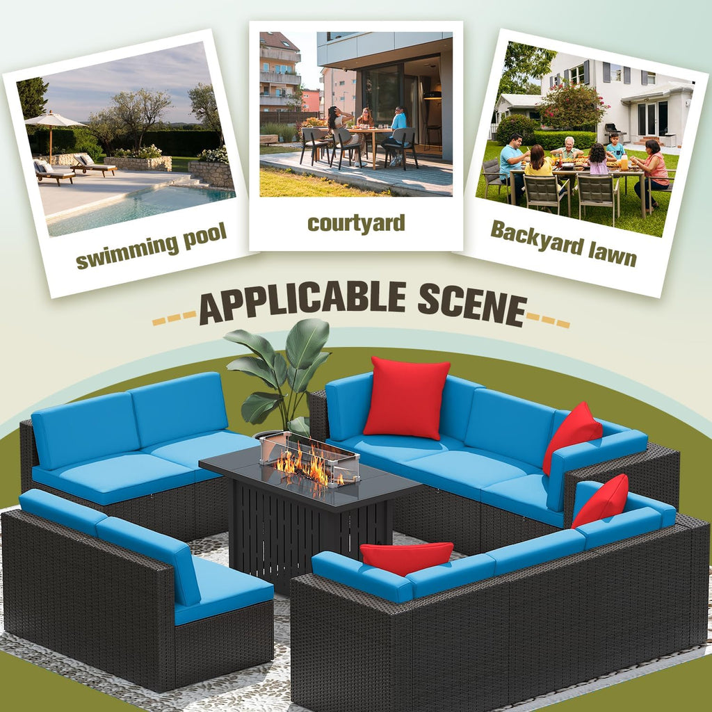 Greesum Patio Furniture Sets 11-Pieces Outdoor PE Rattan Sectional Sofa w/43in Gas Fire Pit Table 55000 BTU Add Warmth to Gatherings Parties On Deck Garden Backyard,Blue