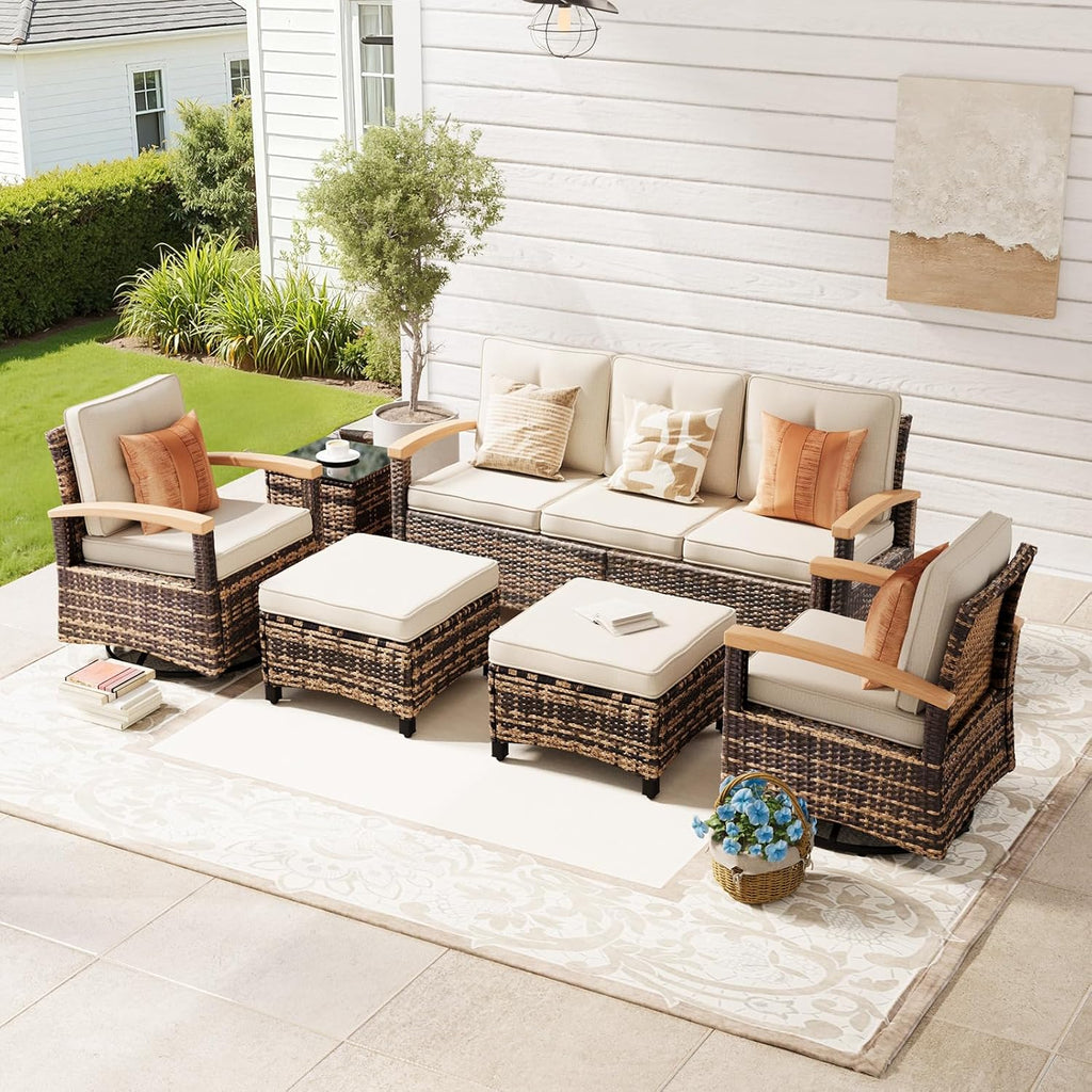 MEISSALIVVE 6 Pieces Patio Furniture Sets,Wicker Patio Conversation Sets with 2 Wood Armrests Swivel Glide Chairs, 2 Ottomans for Deck Yard and Poolside (Beige)