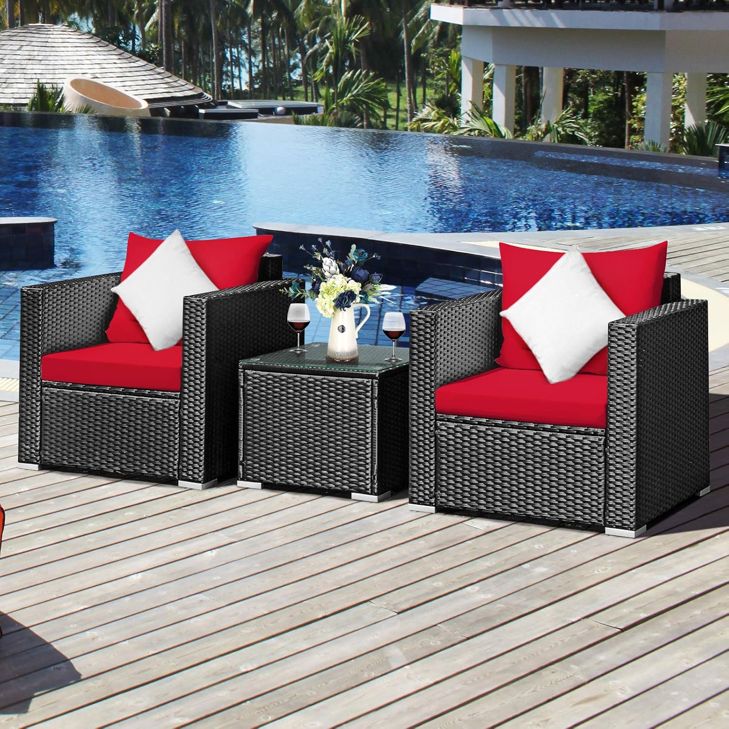 COSTWAY 3-Piece Outdoor Patio Furniture Set, Cushioned Armchairs and Tempered Glass Coffee Table, Wicker Rattan Sofa Set for Garden, Balcony, Backyard (Red)