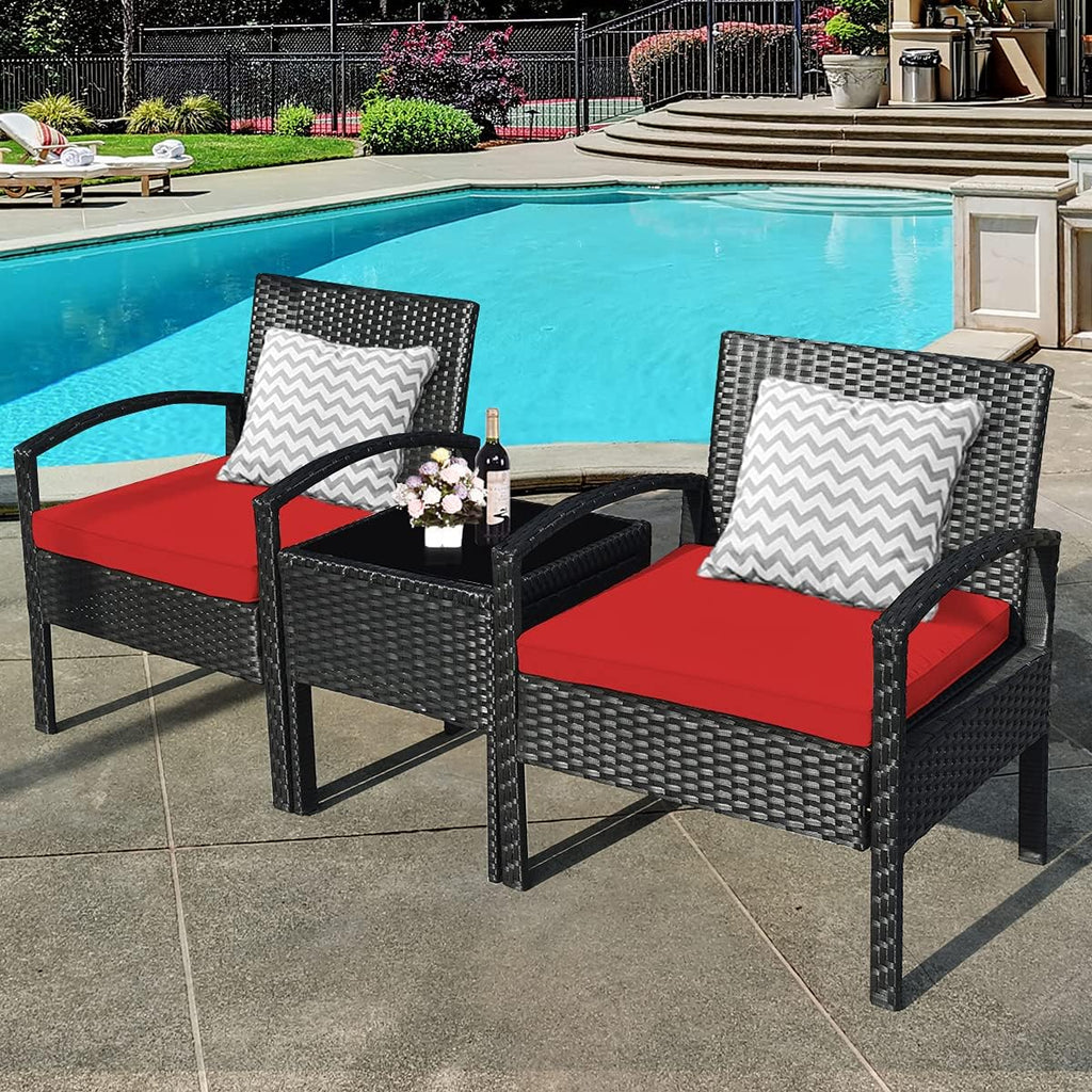 Tangkula 3 PCS Patio Conversation Set, Outdoor Rattan Sofa Set with Seat Cushions & Coffee Table, Patio Wicker Furniture Set for Garden Balcony Backyard Poolside (Red)