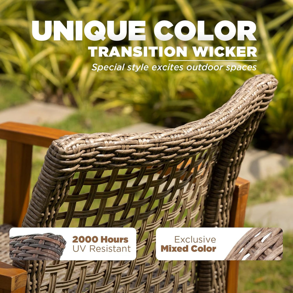 Idzo Liberte Accent Chairs Set of 2, 500lbs Weight Support, Acacia Wood, FSC Teak Finish, UV Protected, Dynamic Gray Wicker, Ideal for patios and Gardens