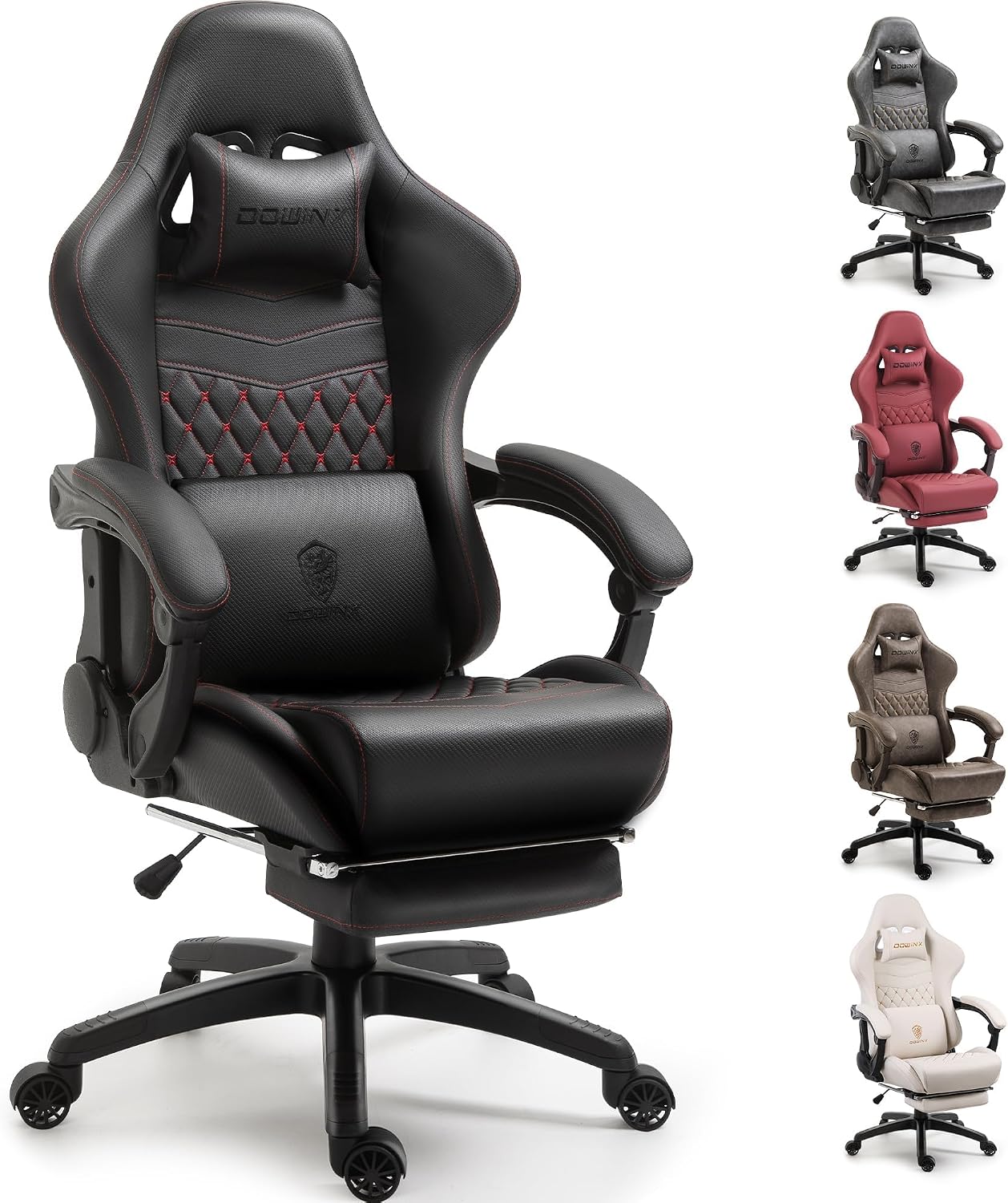 Dowinx Big & Tall Vintage Gaming Chair for Adults, 400 lb Capacity Heavy Duty Ergonomic Computer Chair with Massage Lumbar, Footrest & Easy Side Recline, Black