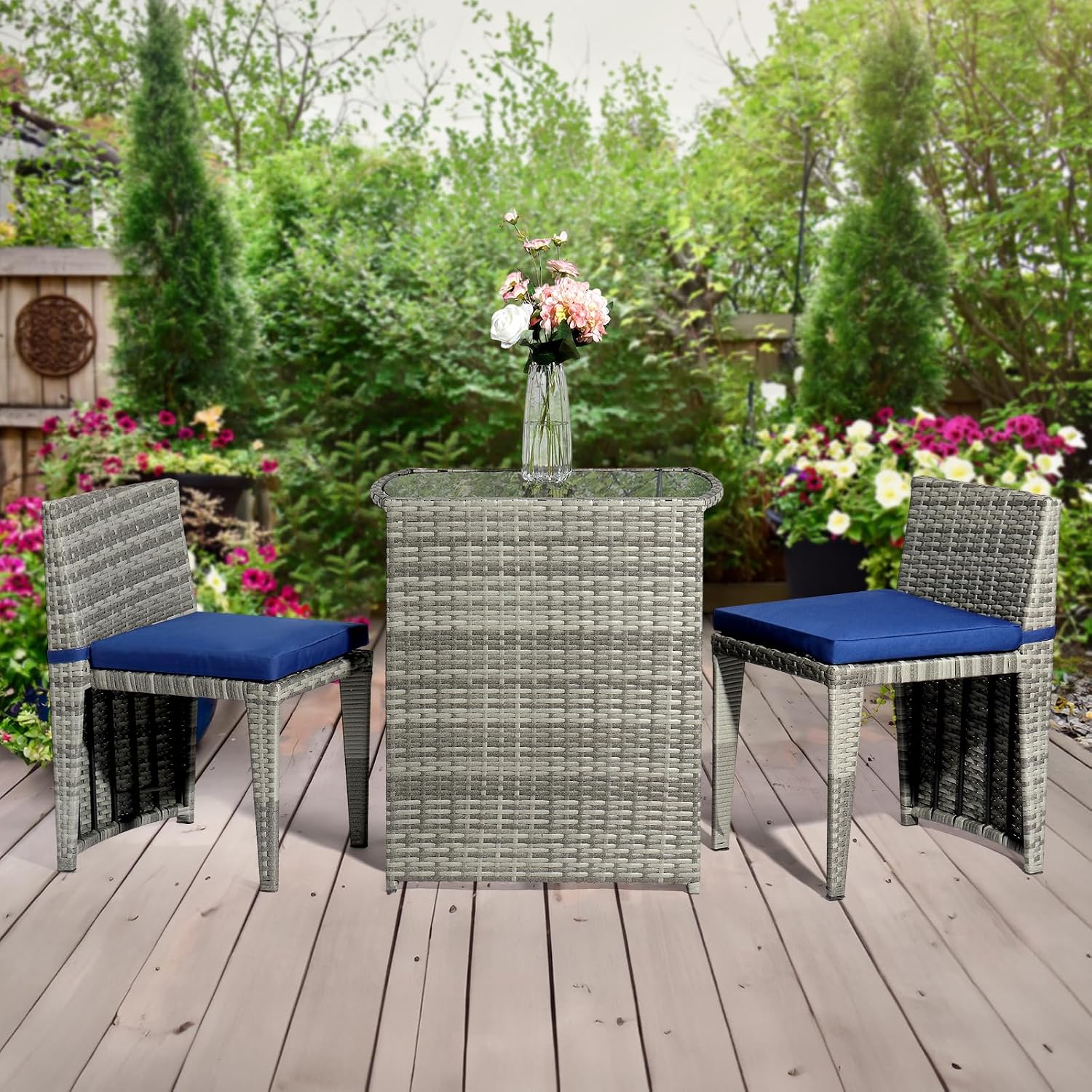 Bonnlo 3 PCS Wicker Outdoor Patio Bistro Set, Patio Furniture Set for Small Space with Glass Top Table Dining Chairs, Balcony Furniture Patio Table and Chairs Set of 2 for Garden Yard Porch (Grey)