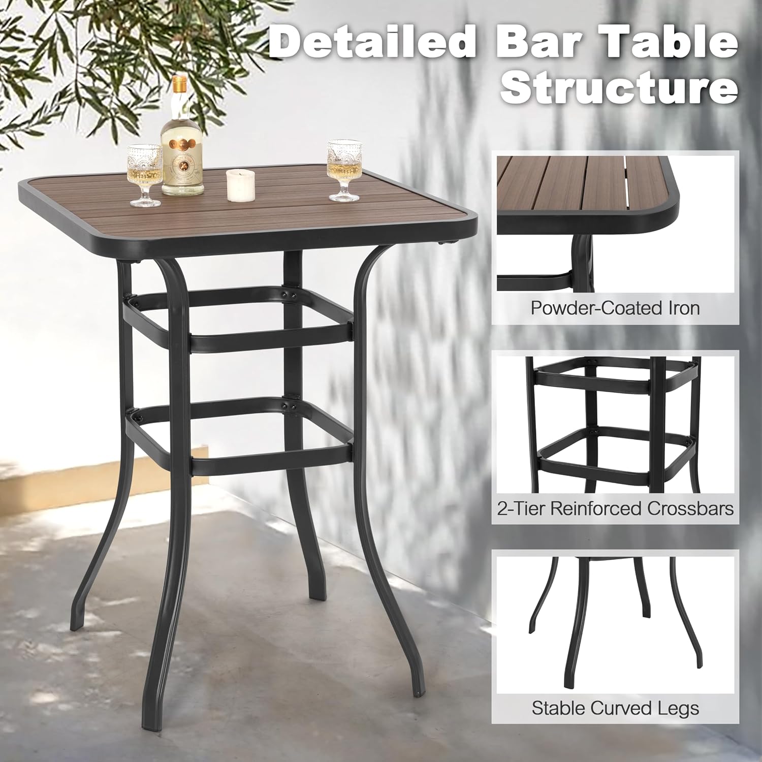 NUU GARDEN 5-Piece Outdoor Bar Set - 4 Swivel High Back Textilene Bar Stools & Metal Table with Faux Wood Top, Weather-Resistant Patio Furniture for Backyard, Porch, Garden, Black & Brown