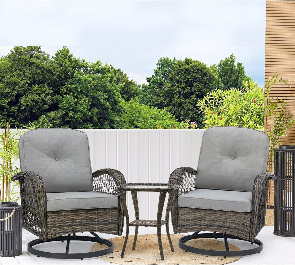 MELLCOM 3 Pieces Patio Furniture Set, Outdoor Swivel Rocker Patio Chairs, Wicker Patio Bistro Set with Rocking Chair, Thickened Cushions and Glass Coffee Table for Backyard, Garden, Grey