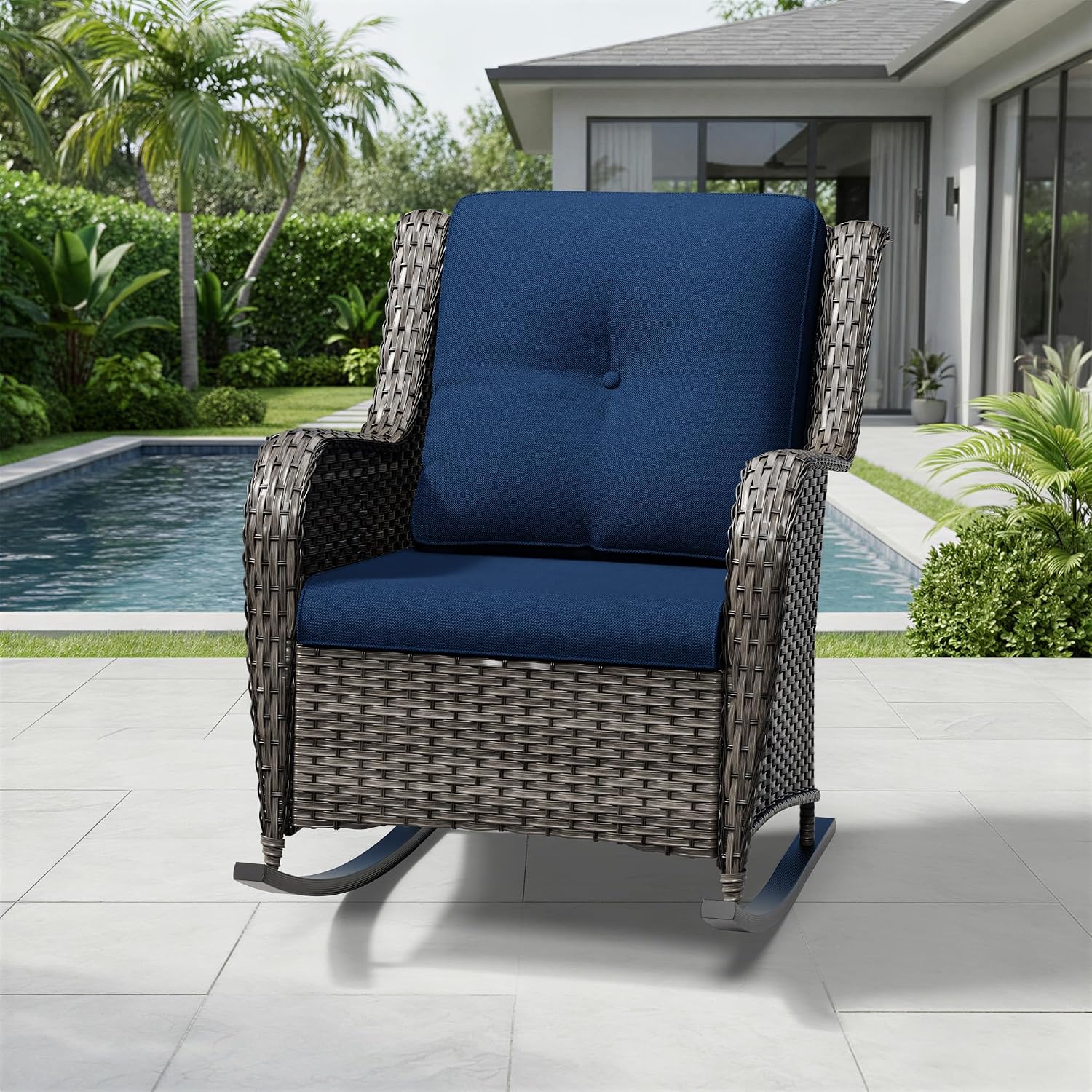 Joyside Outdoor Rocking Chair, Wicker Patio Furniture with High Back, Deep Seating, Wide Armrest, Thickened Cushions, Outdoor Rattan Furniture for Deck, Porch Use