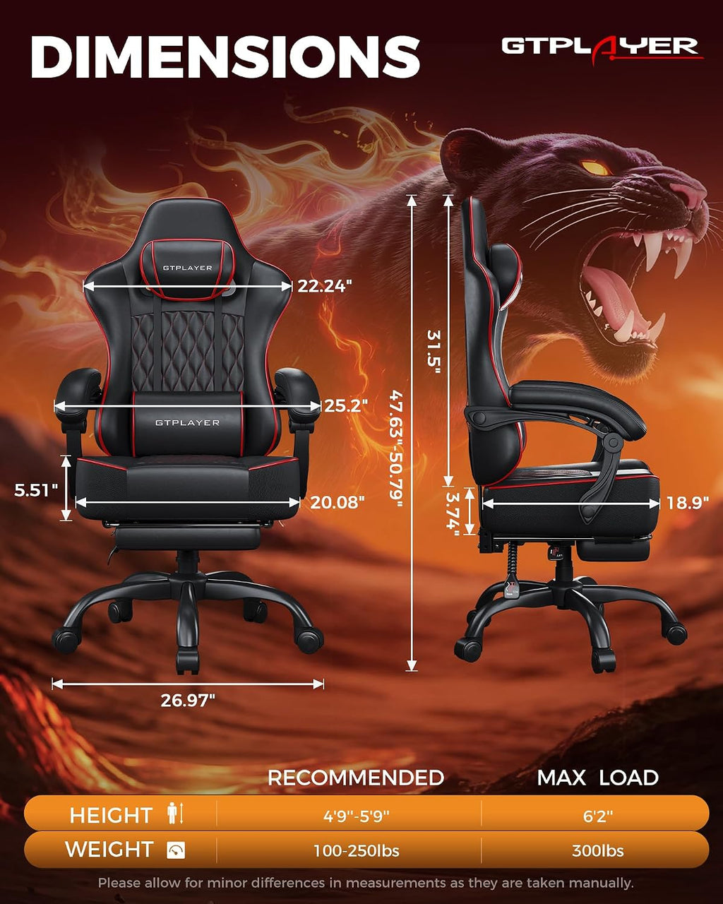 GTPLAYER Big and Tall Gaming Chair with Footrest, Ergonomic Office Desk Chair with 4.4in Thick Cushion and Wide Wingless Seat, Comfortable Leather Computer Chair, Predator Series, Black Red