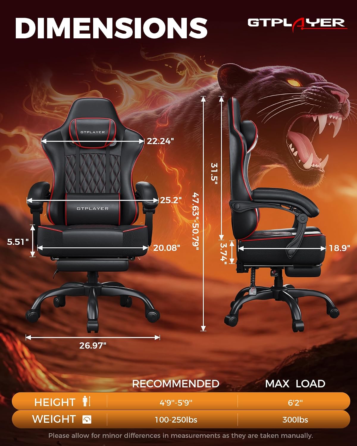 GTPLAYER Big and Tall Gaming Chair with Footrest, Ergonomic Office Desk Chair with 4.4in Thick Cushion and Wide Wingless Seat, Comfortable Leather Computer Chair, Predator Series, Black Red