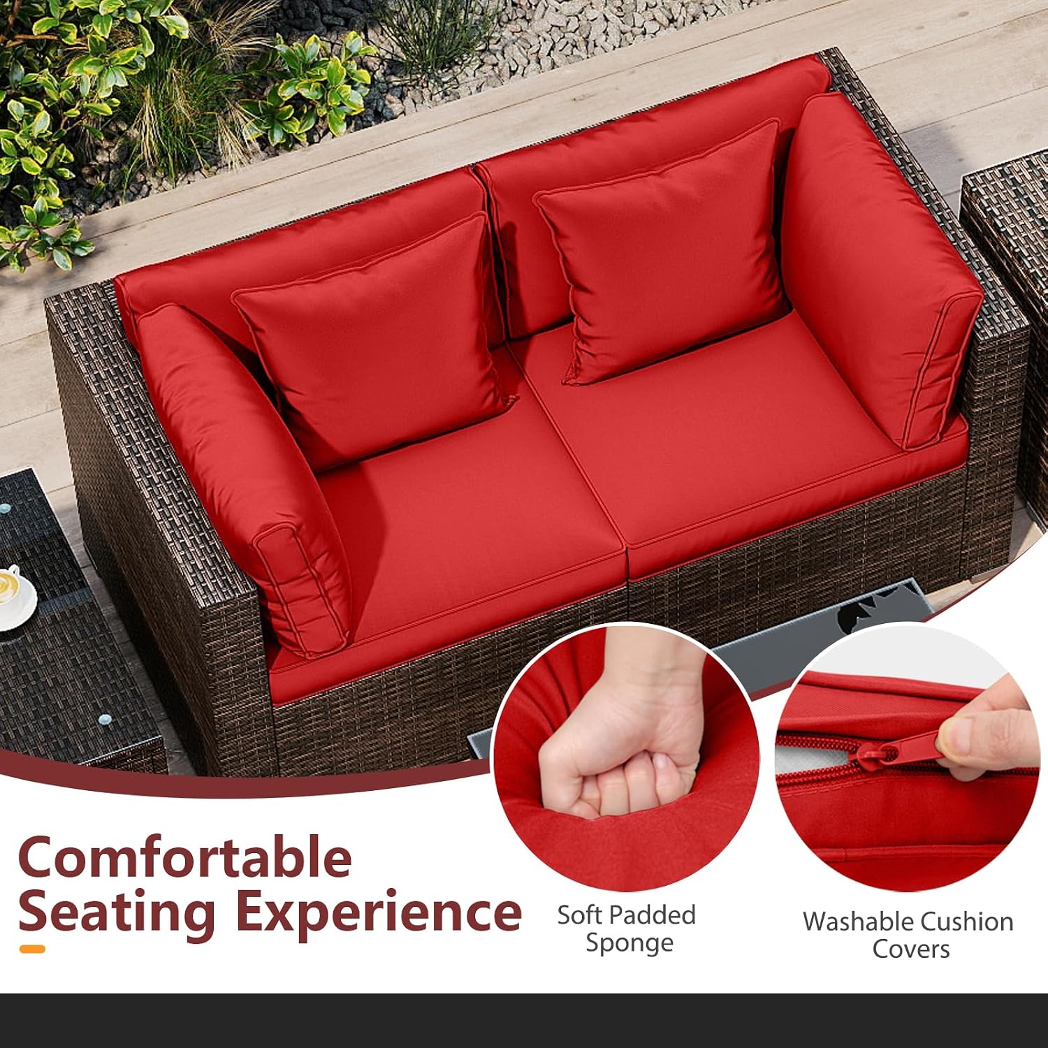 Tangkula 7 Pieces Wicker Patio Furniture Set with 40,000 BTU Gas Fire Pit Table & Propane Tank Cover Table & Glass Top Coffee Table, for Garden, Backyard and Poolside (Red)