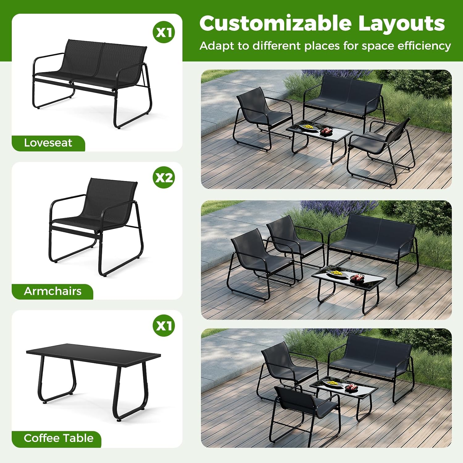 Tangkula 8 Piece Patio Furniture Set, Outdoor Metal Conversation Chair & Coffee Table Set with Mesh Seat Fabric & Tempered Glass Tabletop, Outside Bistro Set for Backyard, Porch, Poolside (Black)