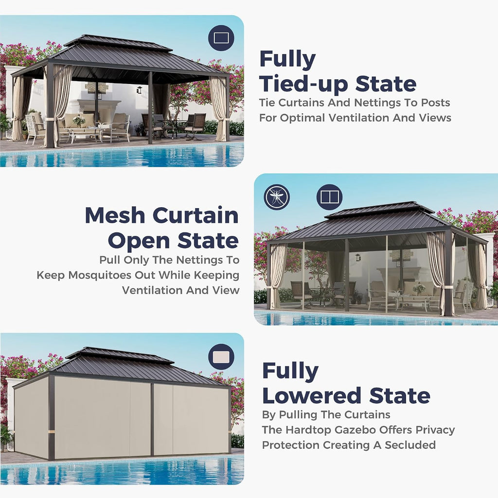 SUNSHINE VALLEY 12'x20' Hardtop Gazebo, Permanent Aluminum Outdoor Gazebo with Galvanized Steel Double Roof & Gutter System, Heavy Duty Patio Pavilion Canopy with Netting and Curtains for Deck, Garden