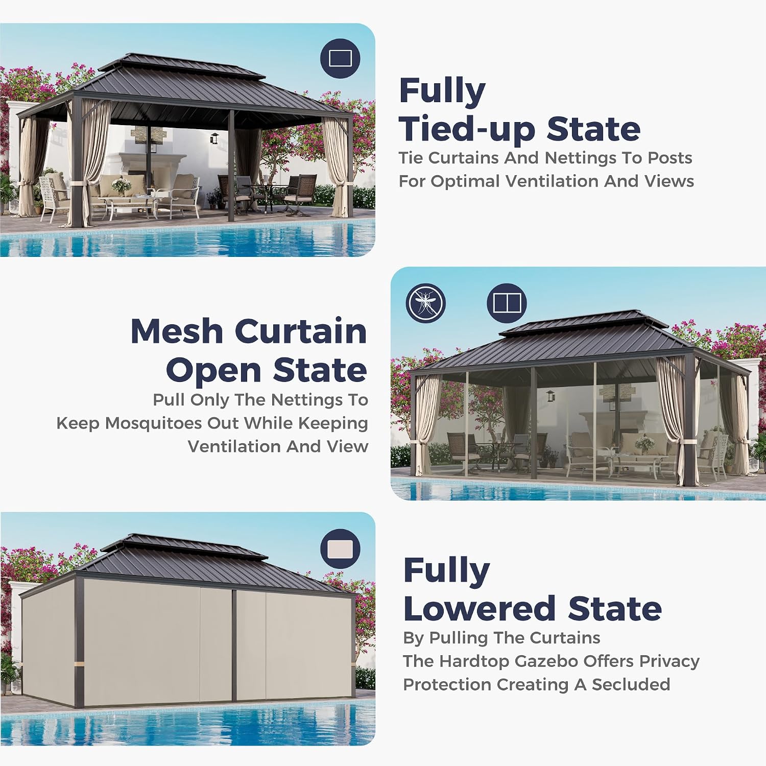 SUNSHINE VALLEY 12'x20' Hardtop Gazebo, Permanent Aluminum Outdoor Gazebo with Galvanized Steel Double Roof & Gutter System, Heavy Duty Patio Pavilion Canopy with Netting and Curtains for Deck, Garden