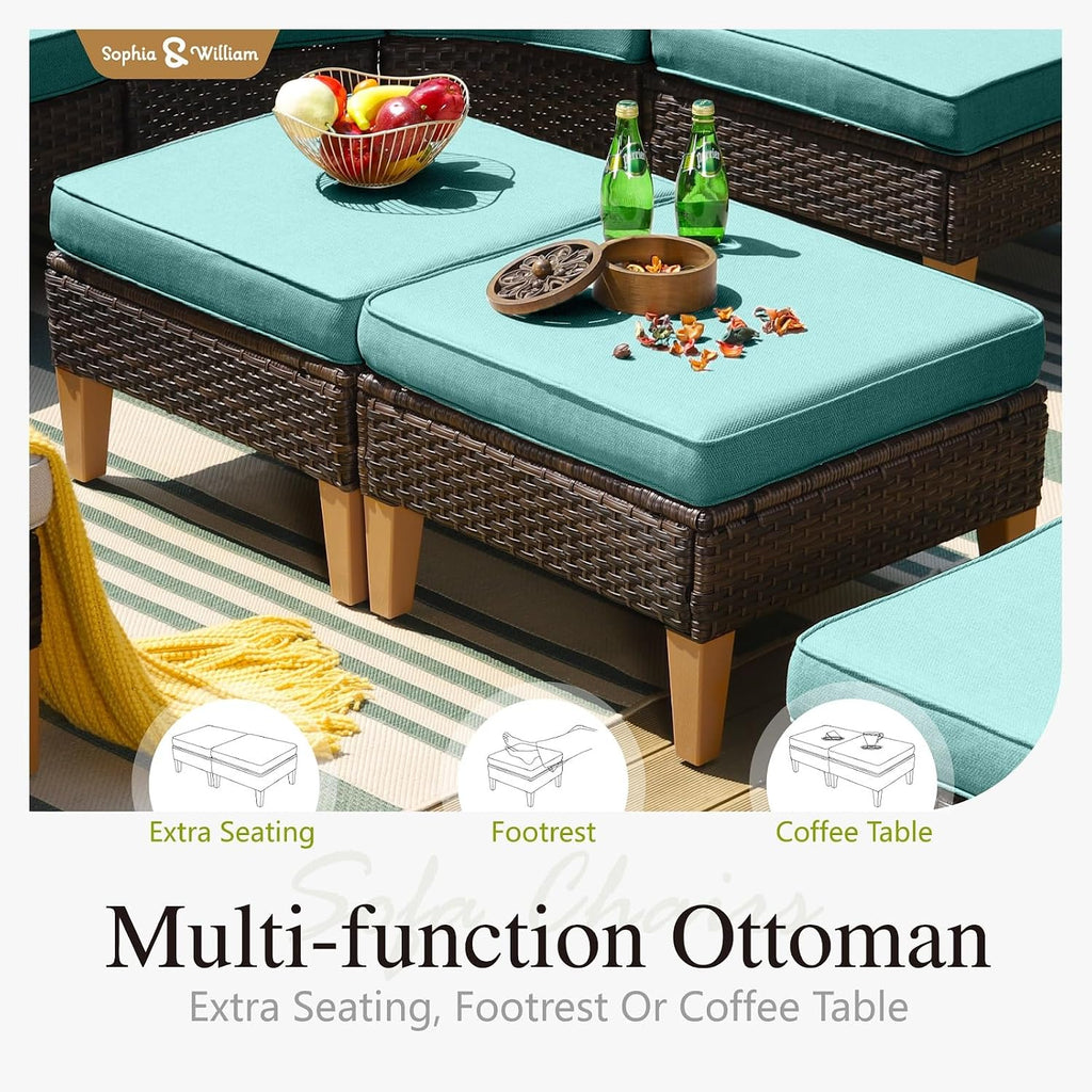 Sophia & William Oversized Patio Furniture Set, 8 Piece Outdoor Wicker Conversation Set Rattan Sectional Sofa, 2 Corner Sofa, 4 Armless Sofa, 2 Ottoman for Backyard, Deck, Pool(Aqua Blue)