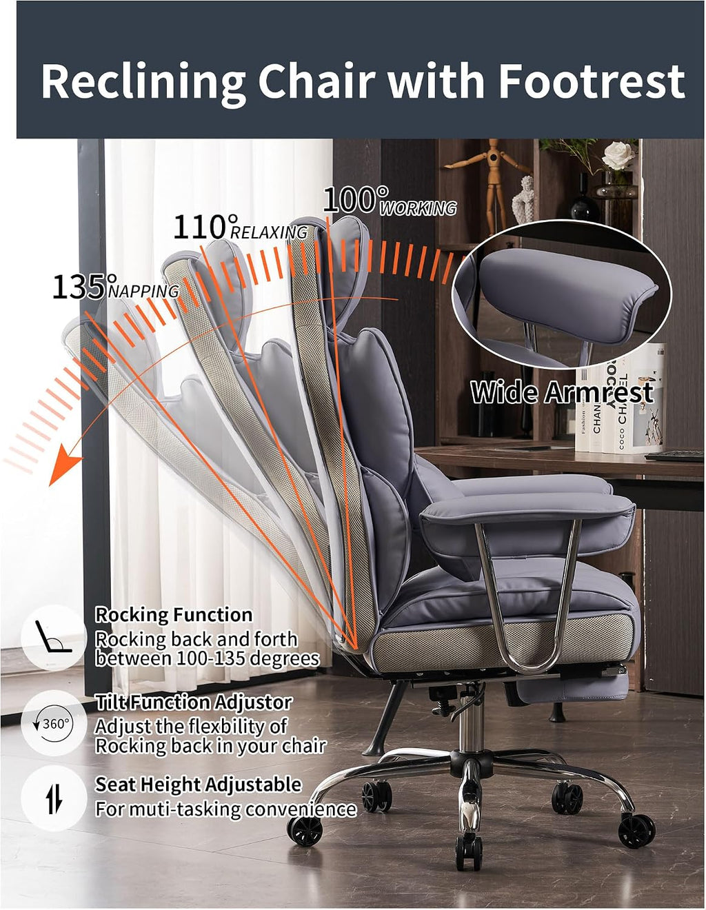 Efomao Big and Tall Office Chair 440LBS, Purple Heavy Duty Executive Chair with Footrest, Ergonomic Desk Chair for Home Office, Wide Computer Chair