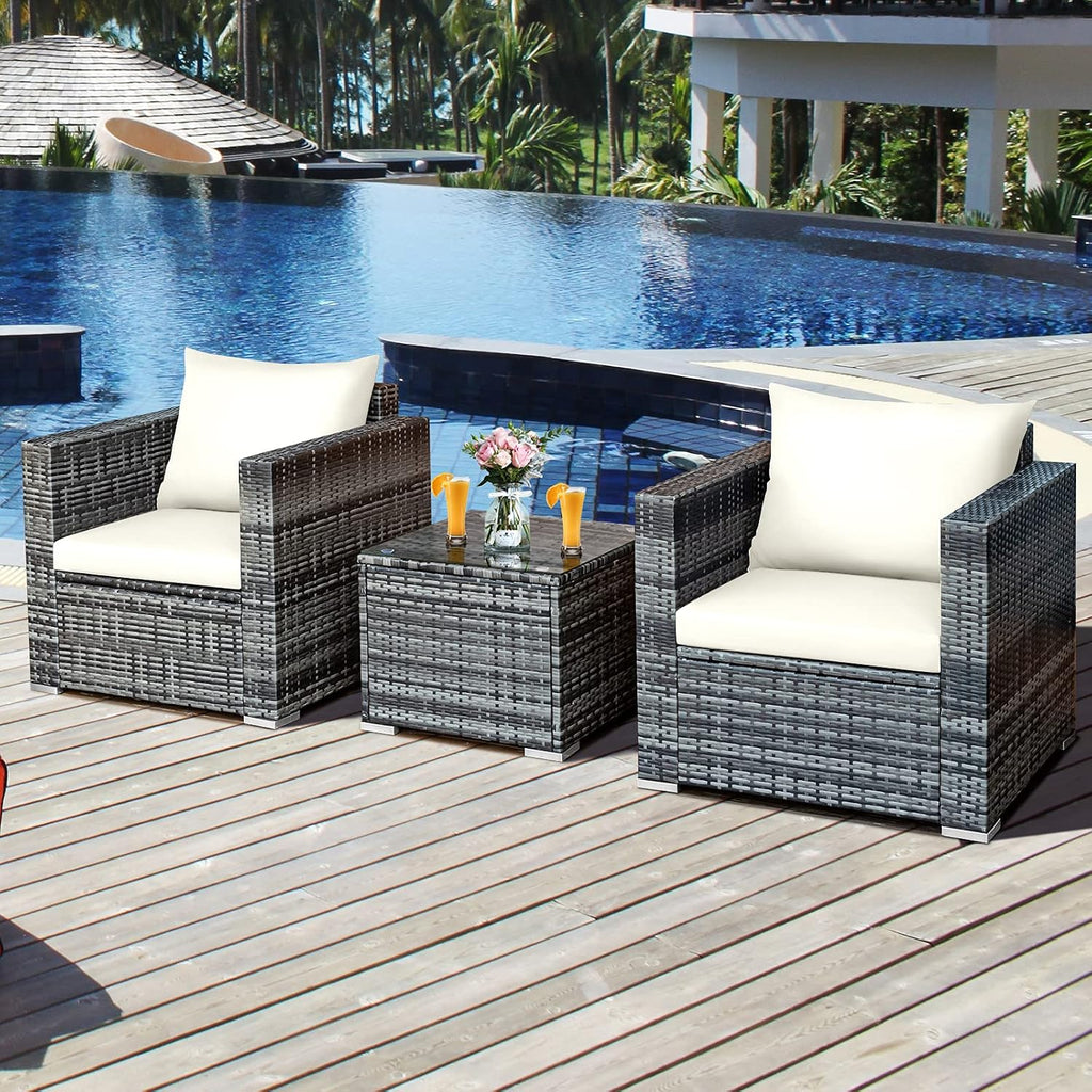 Tangkula 3 Pieces Patio Furniture Set, PE Rattan Wicker Sofa Set w/Washable Cushion and Tempered Glass Tabletop, Outdoor Conversation Furniture for Garden Poolside Balcony