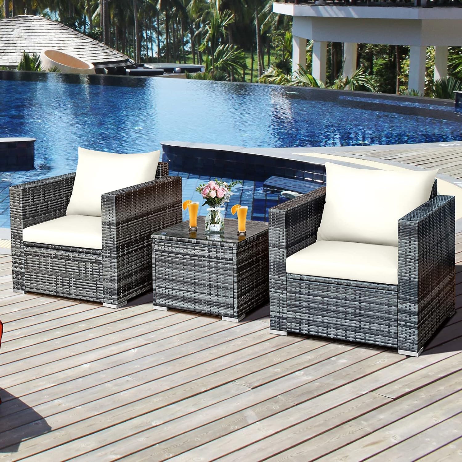 Tangkula 3 Pieces Patio Furniture Set, PE Rattan Wicker Sofa Set w/Washable Cushion and Tempered Glass Tabletop, Outdoor Conversation Furniture for Garden Poolside Balcony