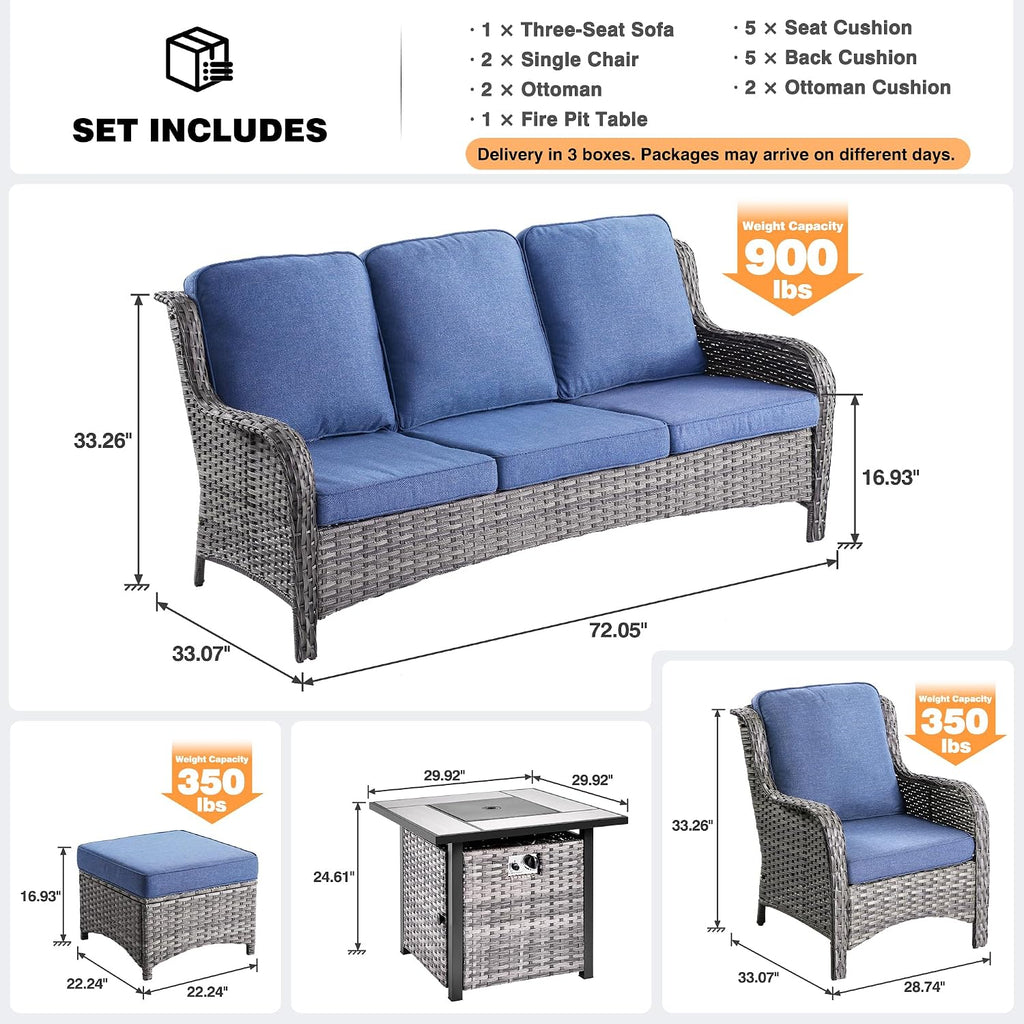 ovios 6 Pieces Patio Furniture Set with 30' Fire Pit Table, Outdoor Wicker Sofa with Ottomans, Comfy Cushions, High Back Couch Conversation Set, Grey Rattan, Denim Blue